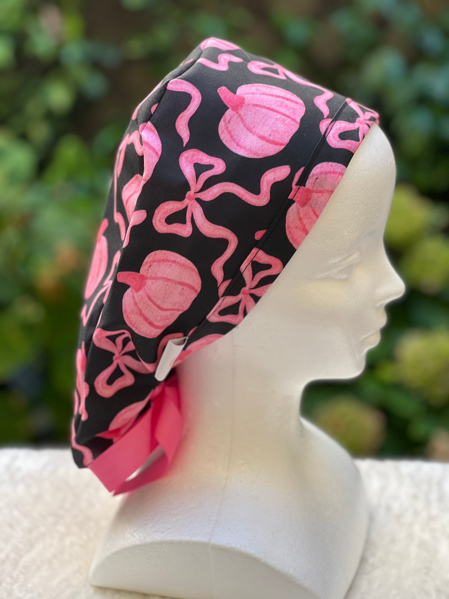 Black and Pink pumpkin with bow scrub cap
