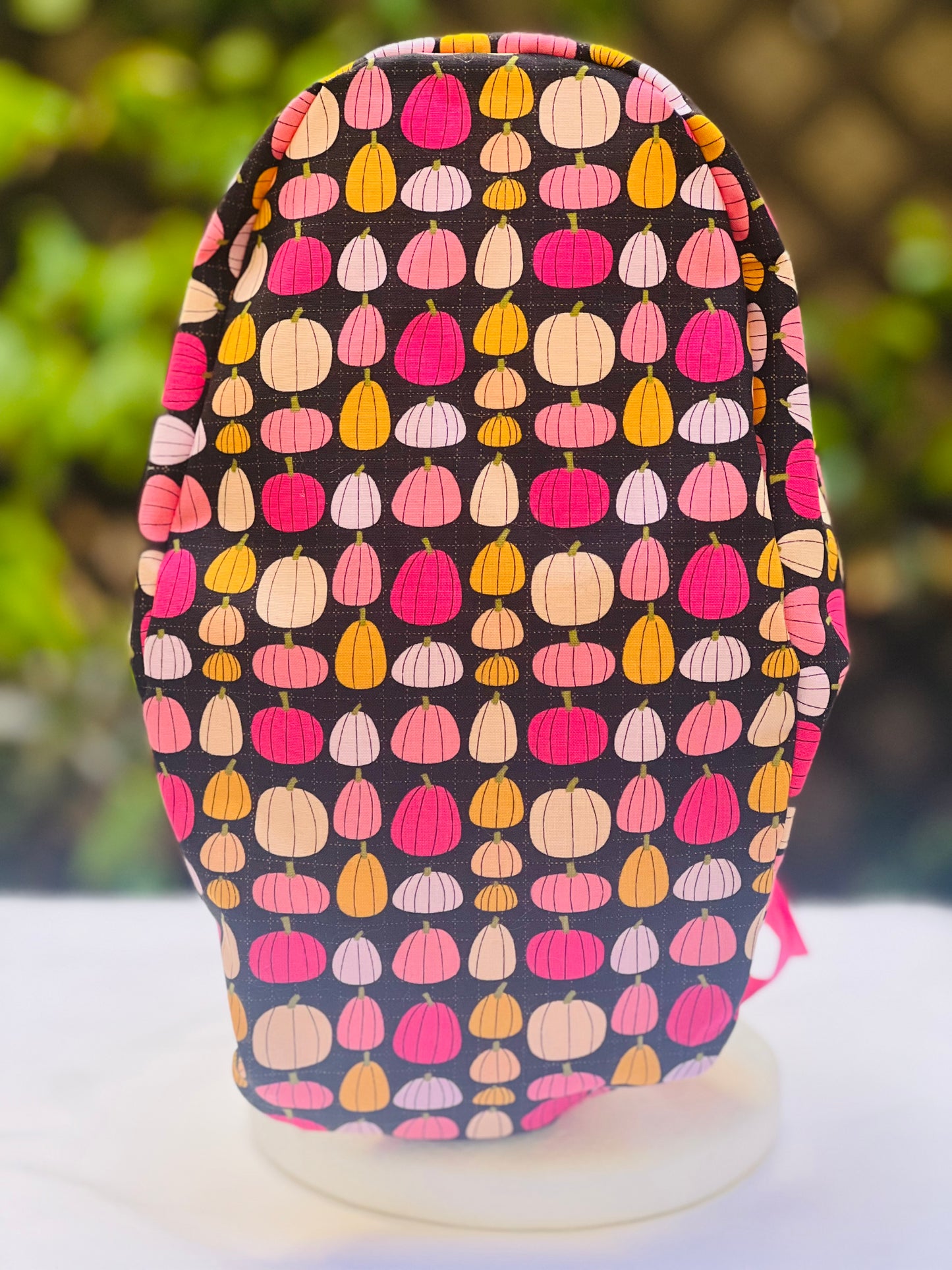 Pink pumpkin in black Ponytail scrub cap