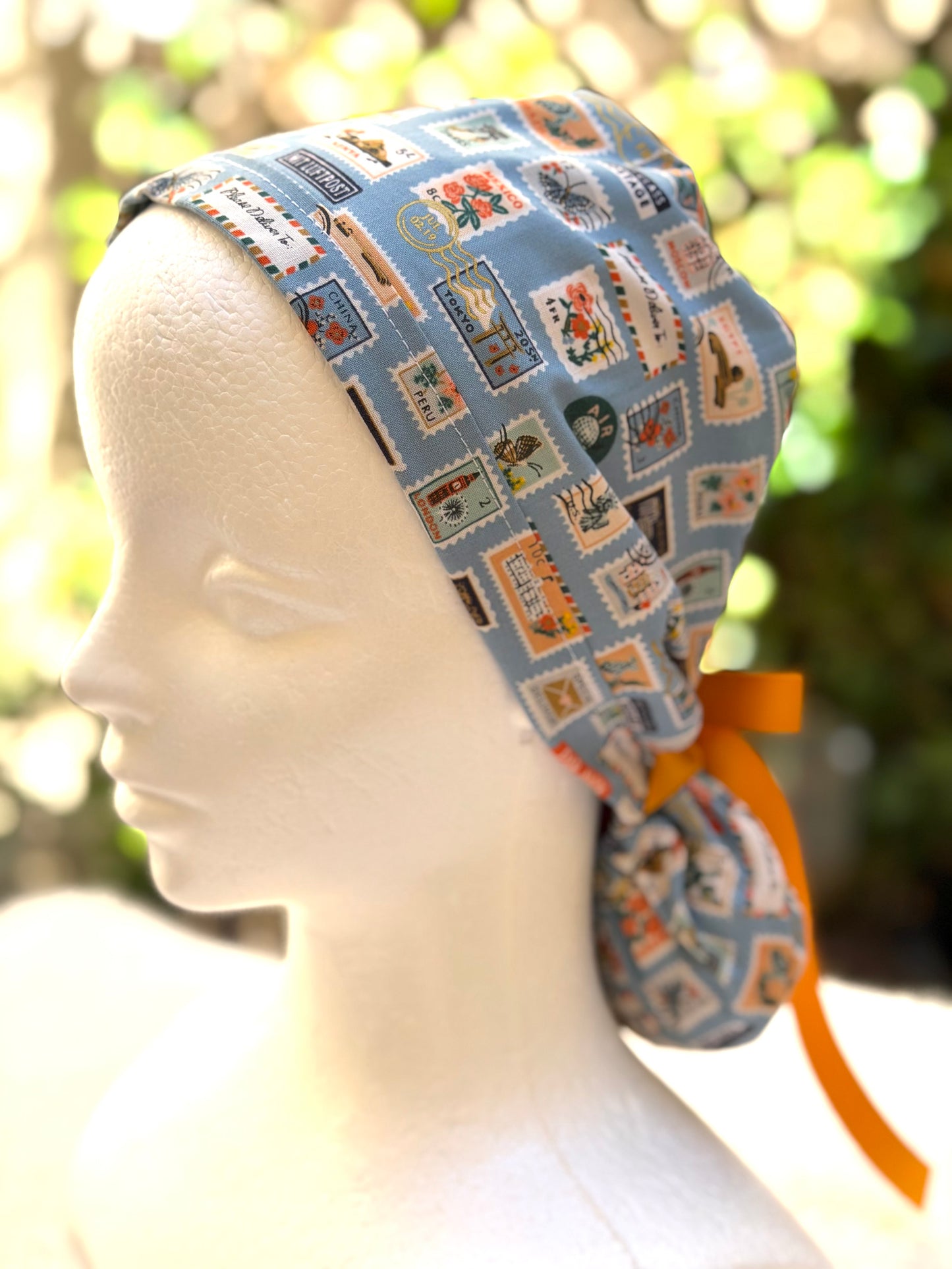 blue postage stamps ponytail scrub cap (Copy 2)