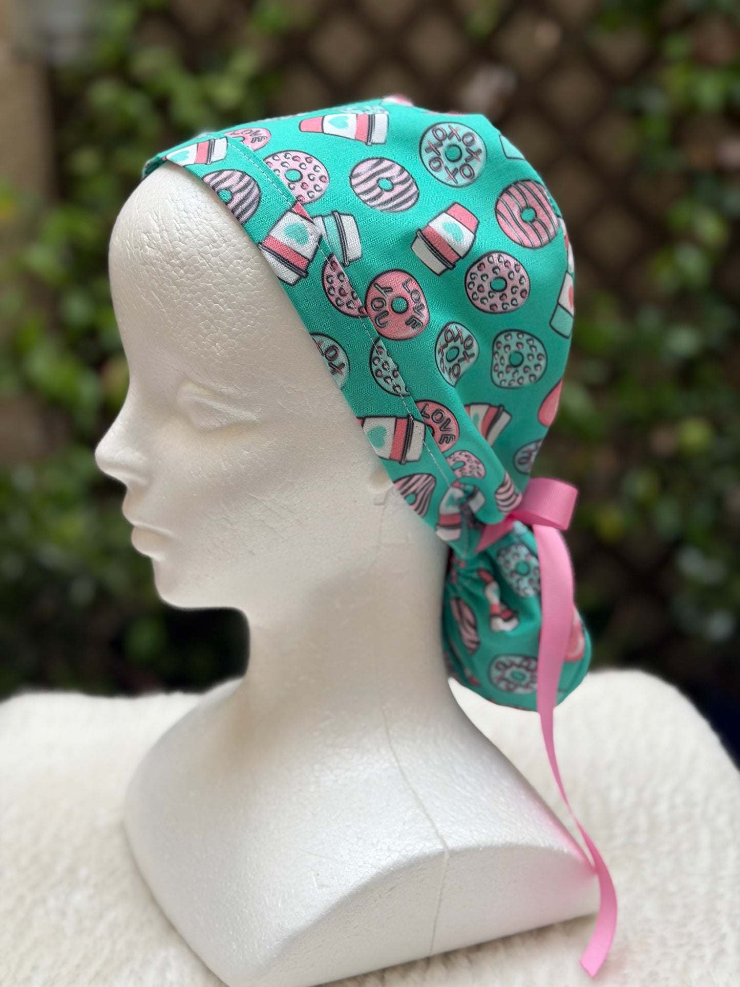 Cofee and Donuts Anesthesia Valentine Ponytail Scrub Cap