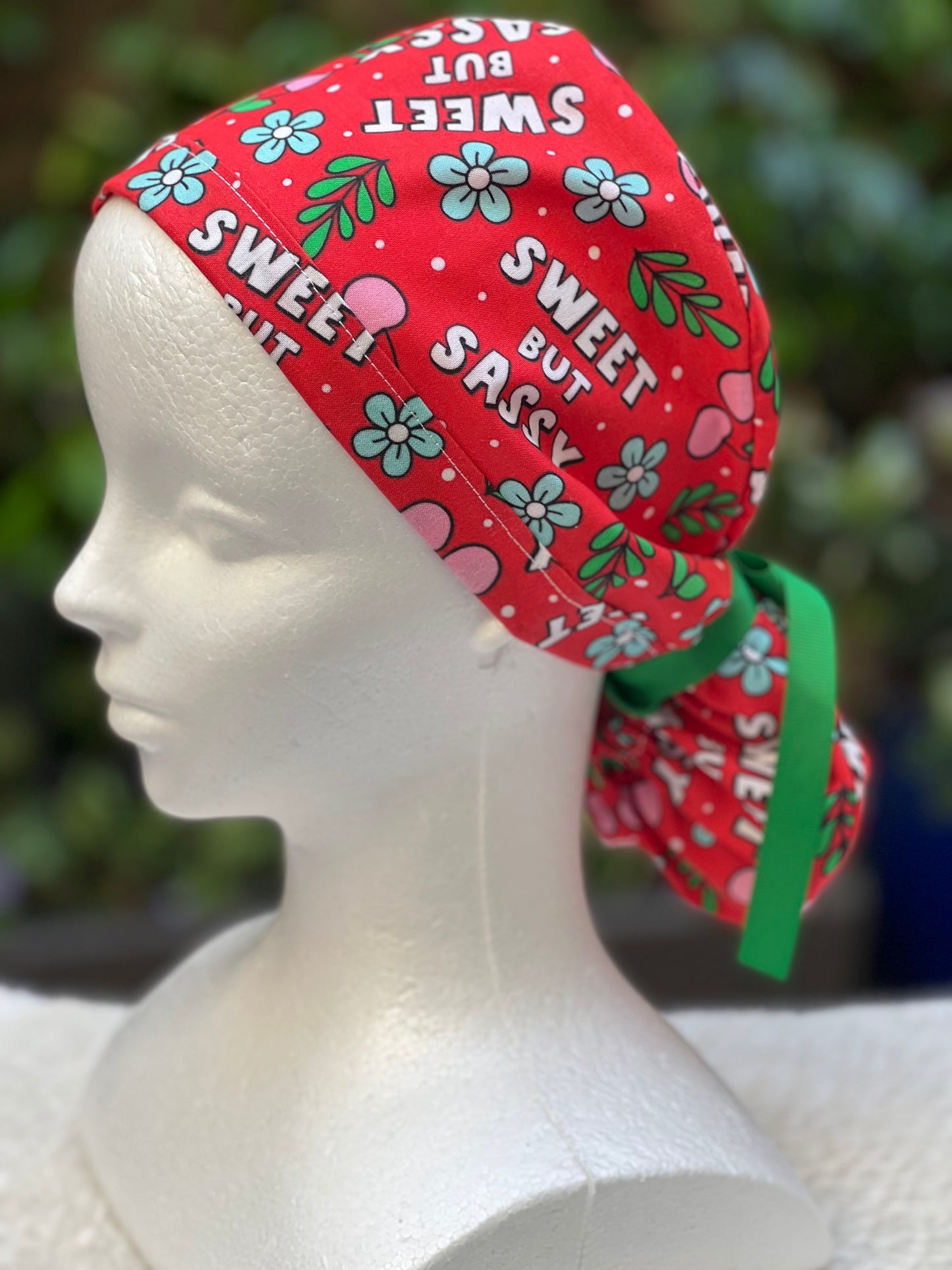 Red Sweet but Sassy Ponytail Scrub Cap