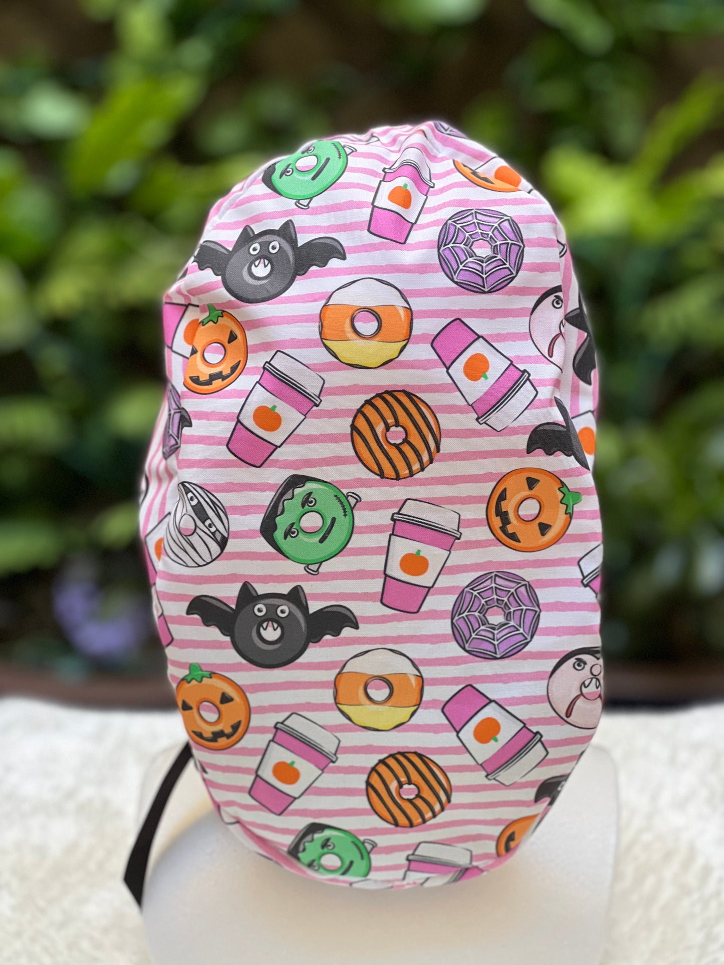 Pink stripe Halloween Ponytail scrub cap