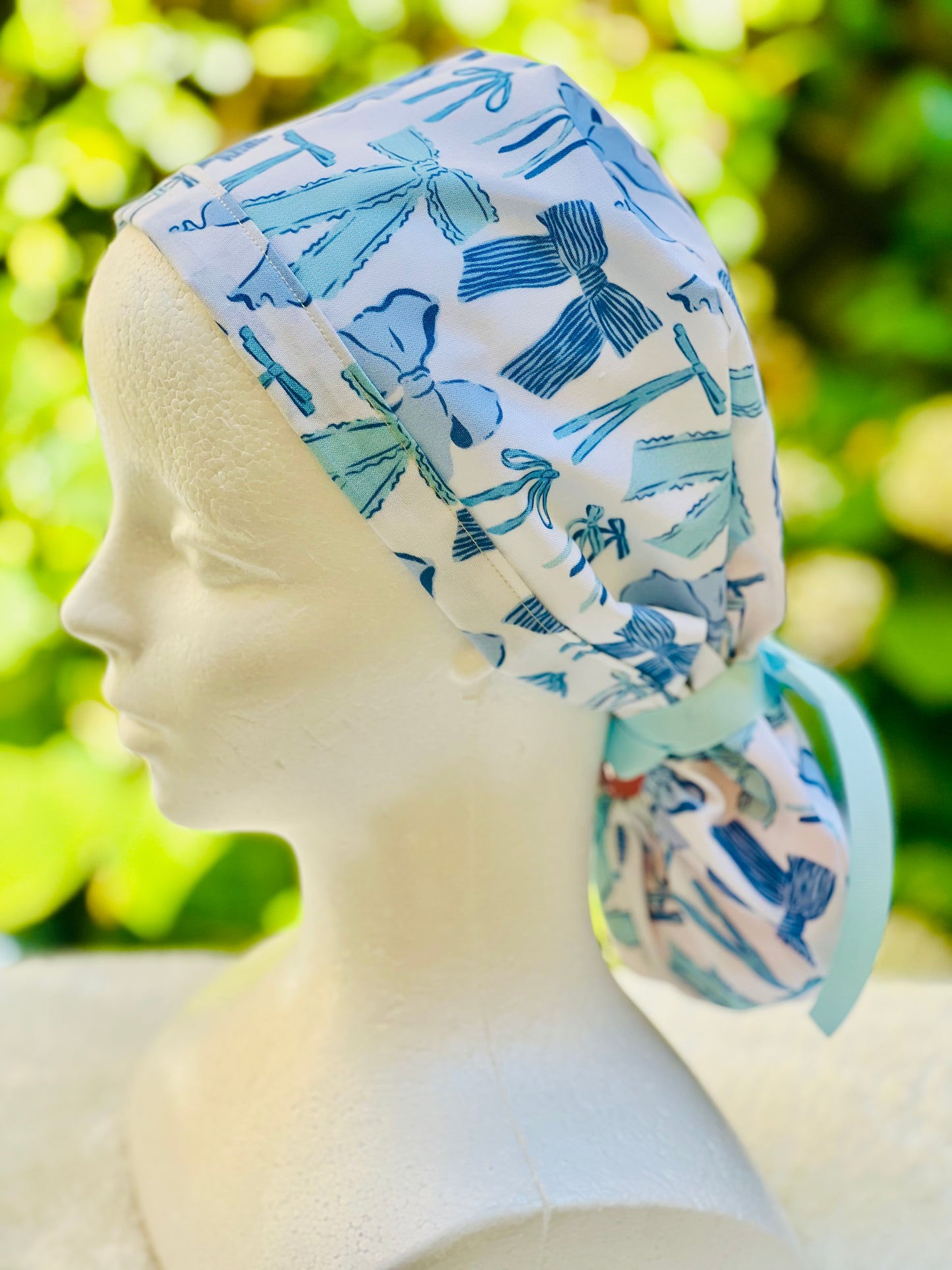 Blue Bows Ponytail Scrub Cap