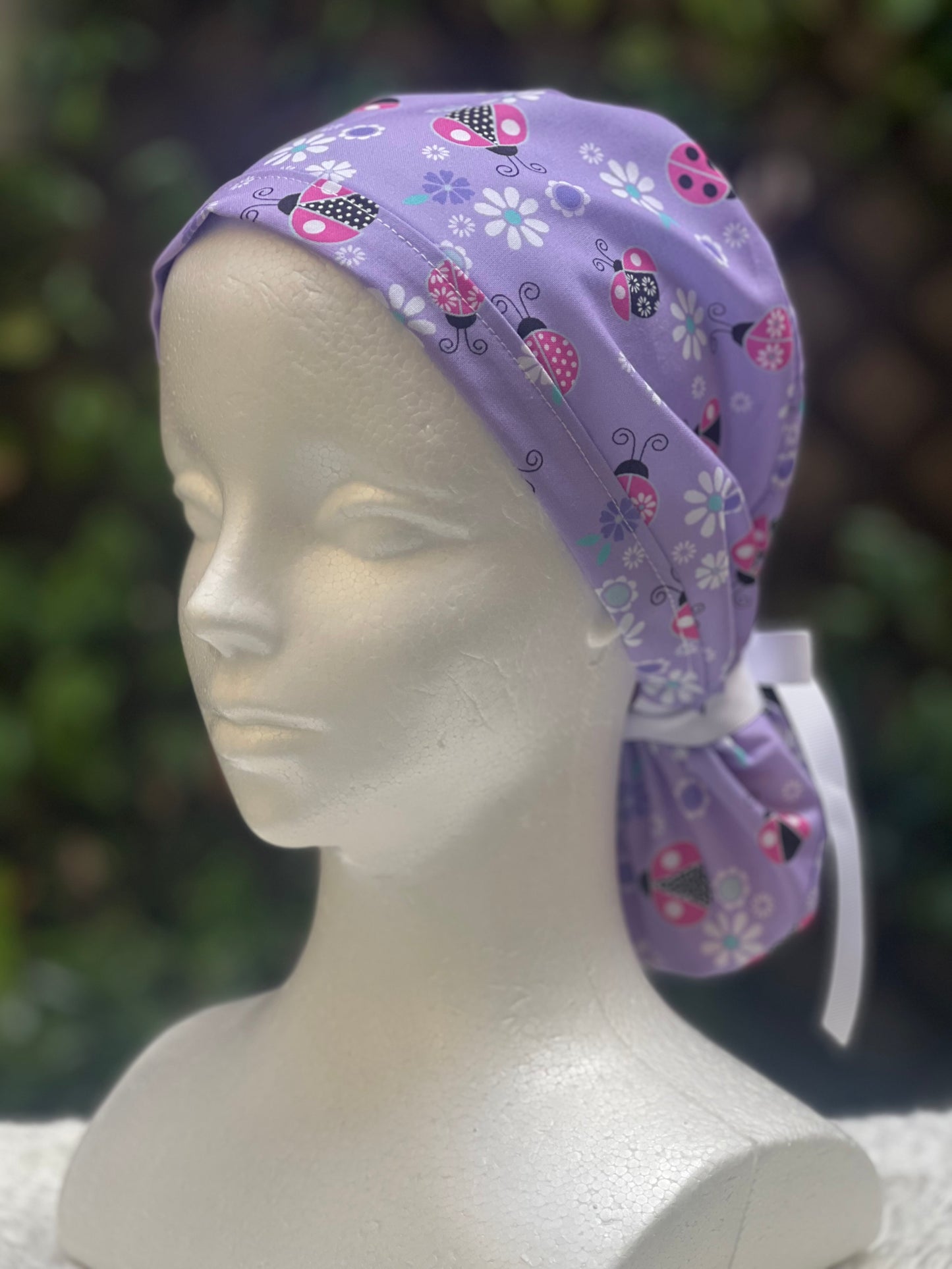Purple Ladybug Ponytail Scrub Cap