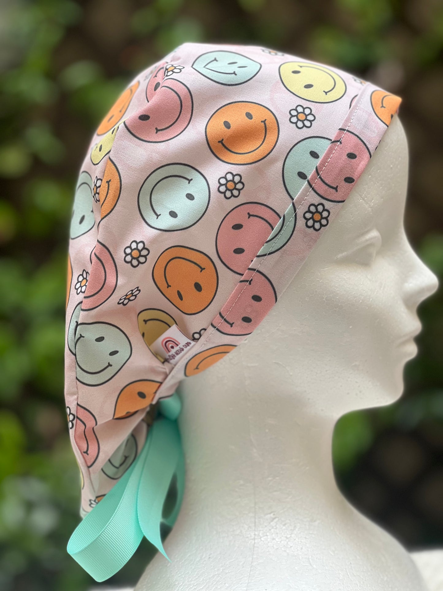Retro smiley Face Ponytail Scrub Cap