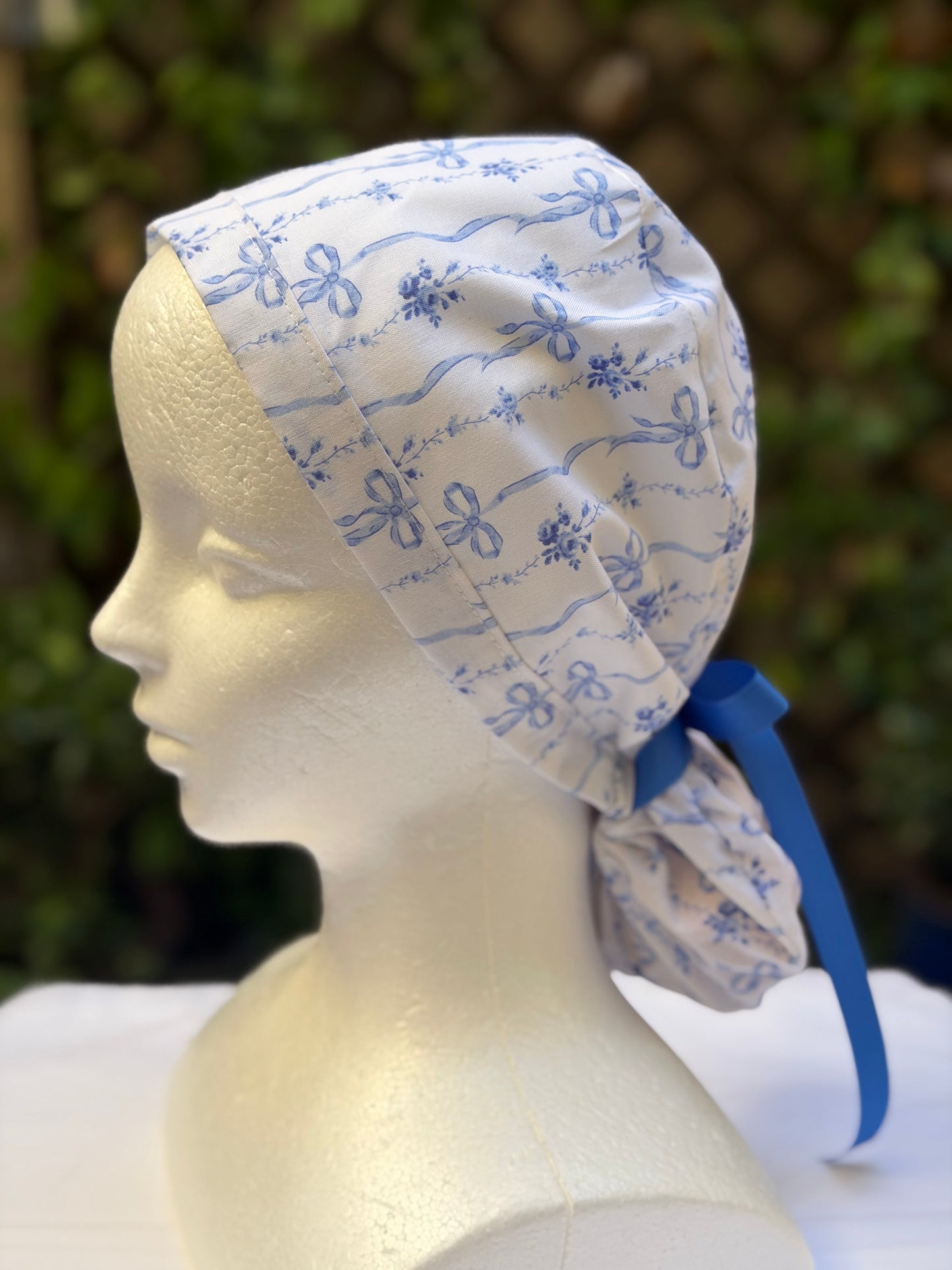 Blue flowers Ponytail Scrub Cap