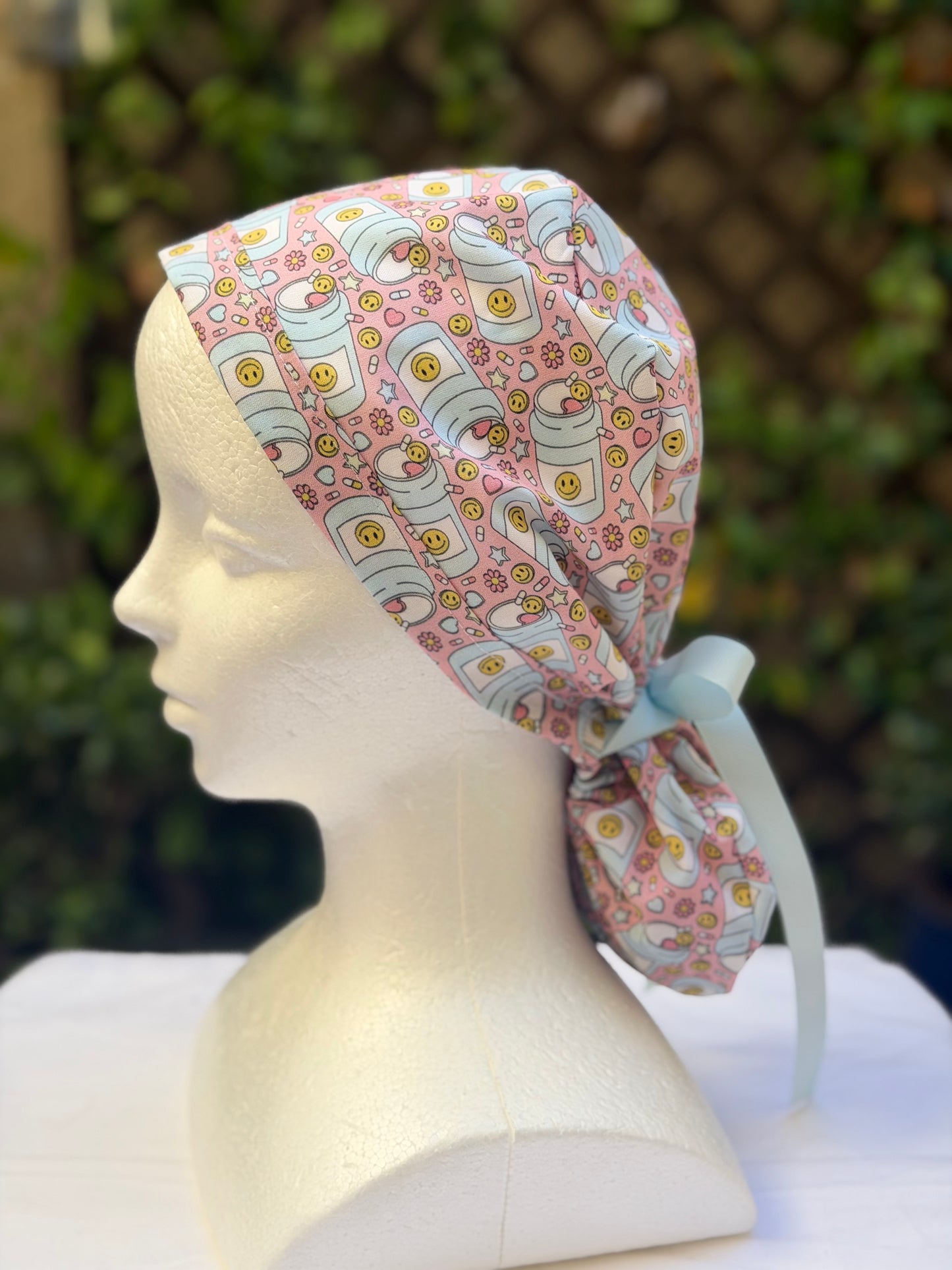 Happy pills with Caution Ponytail Scrub Cap