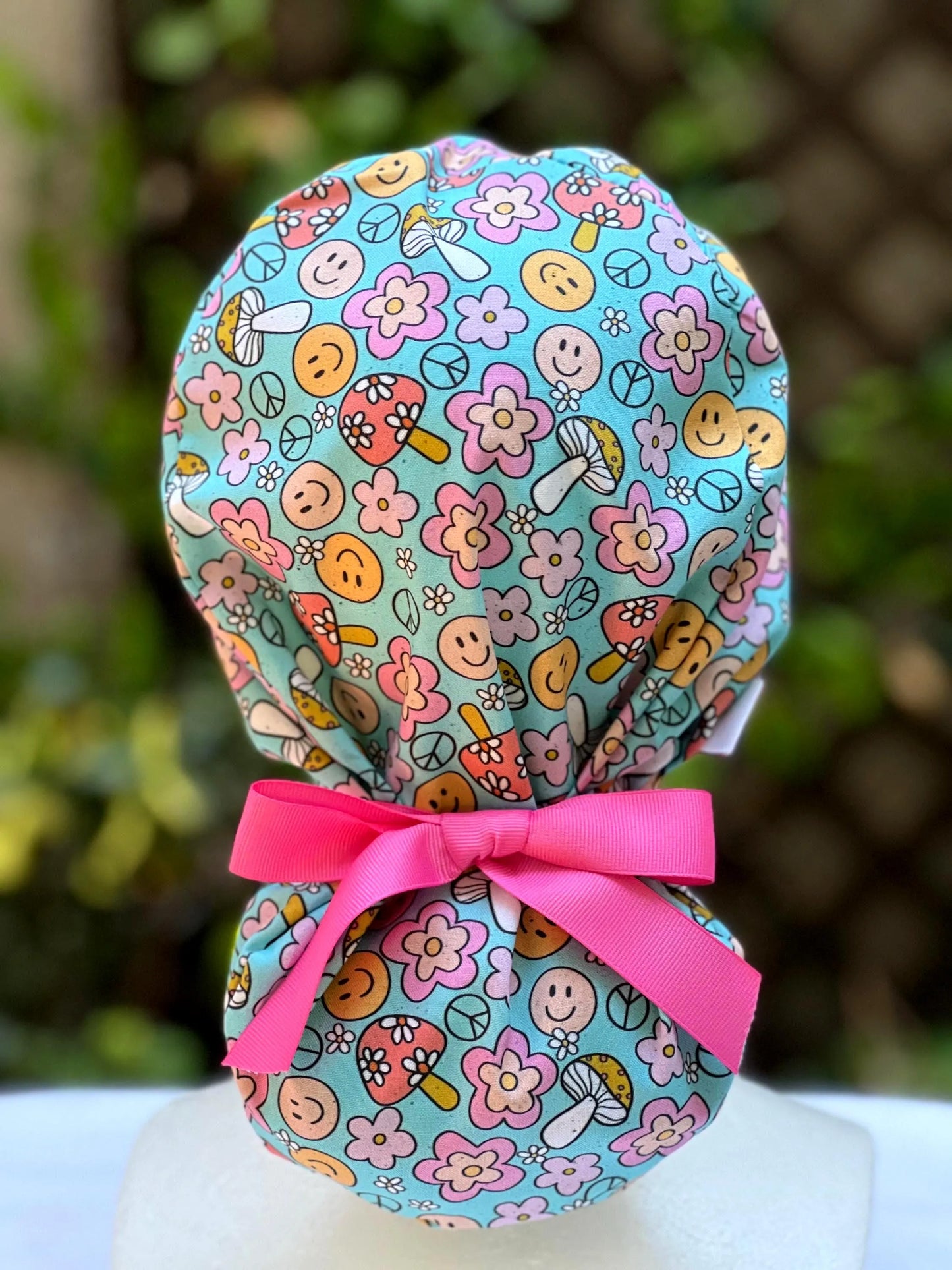 Retro mushroom Ponytail Scrub Cap