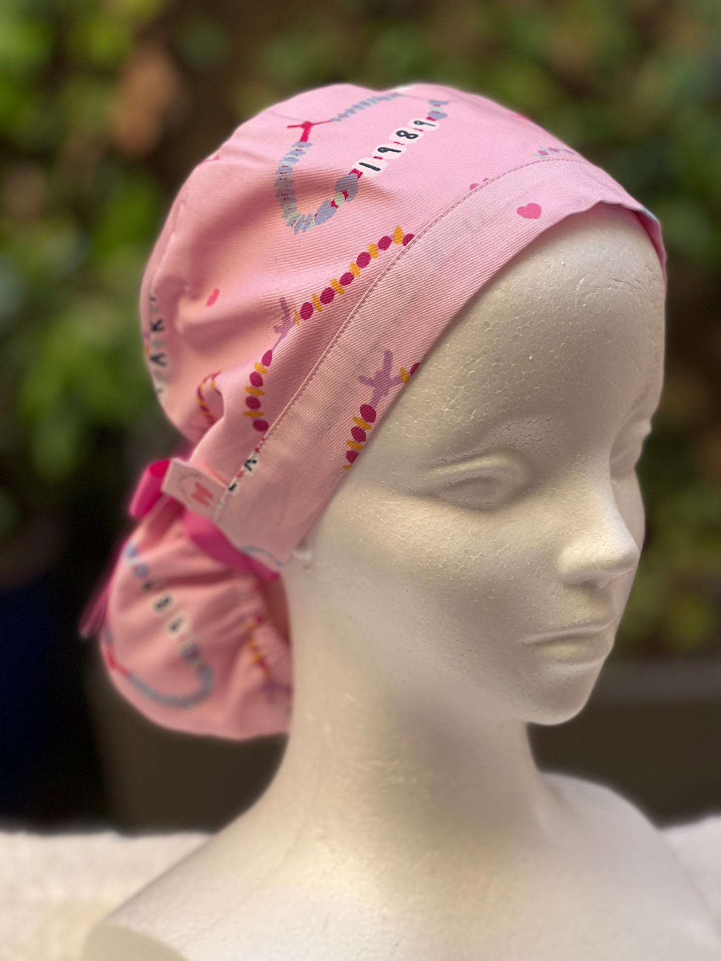 Pink Friendship Bracelet Ponytail Scrub Cap