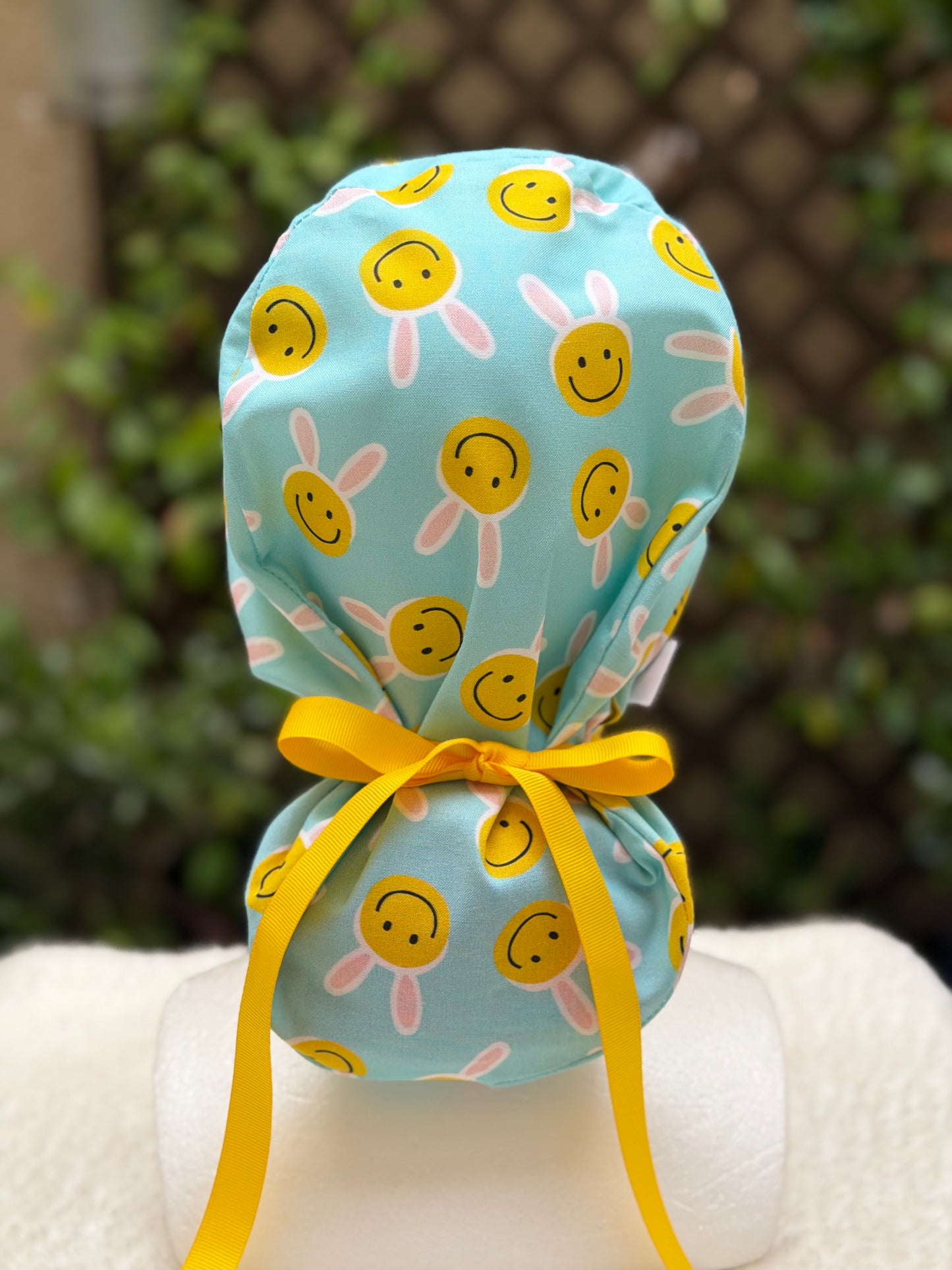 Happy Face Easter Bunny Ponytail Scrub Cap