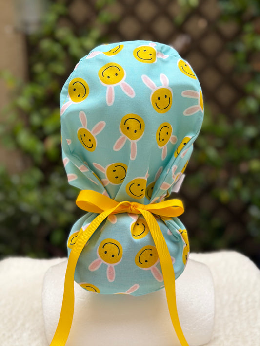 Happy Face Easter Bunny Ponytail Scrub Cap