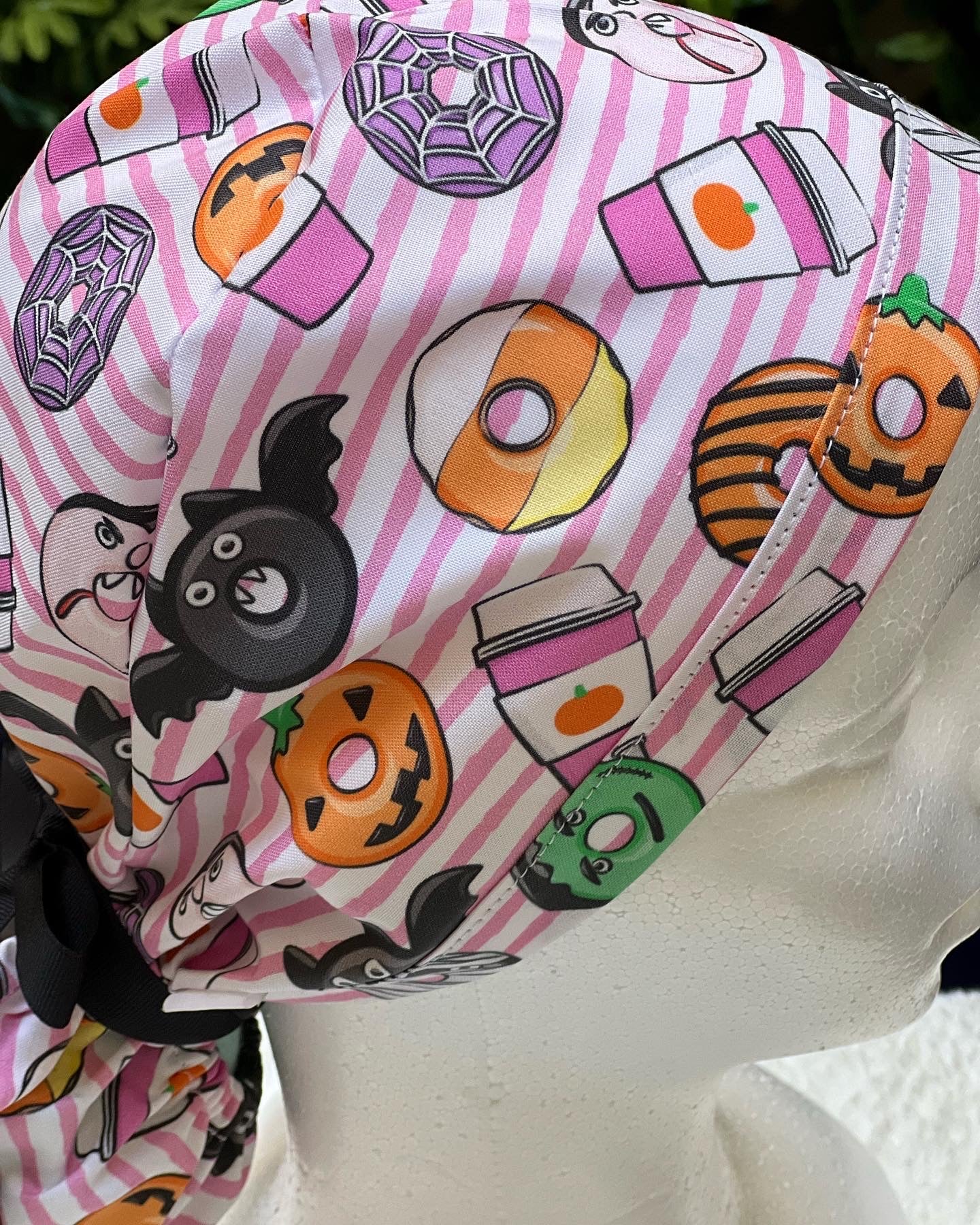 Pink stripe Halloween Ponytail scrub cap