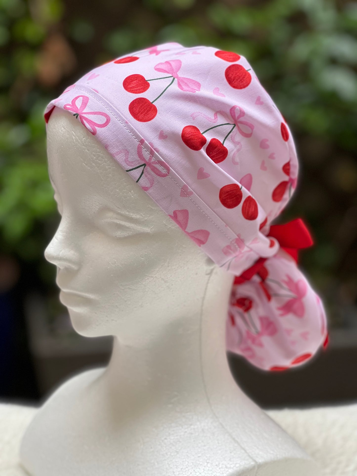 Bows and Cherries Valentines scrub cap