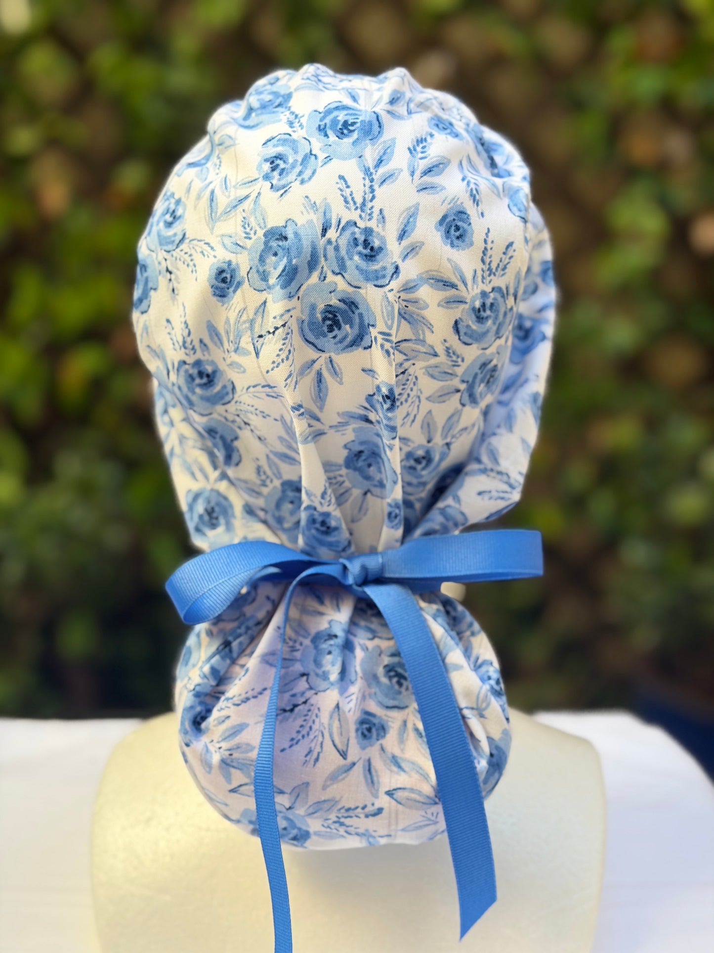 Blue flowers Ponytail Scrub Cap