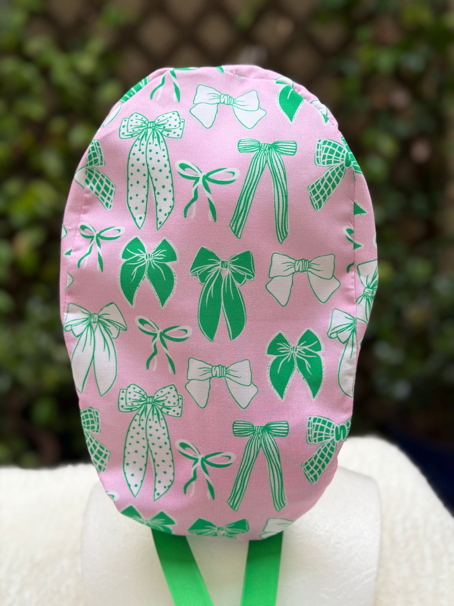 Preppy pink and green bow Ponytail Scrub Cap