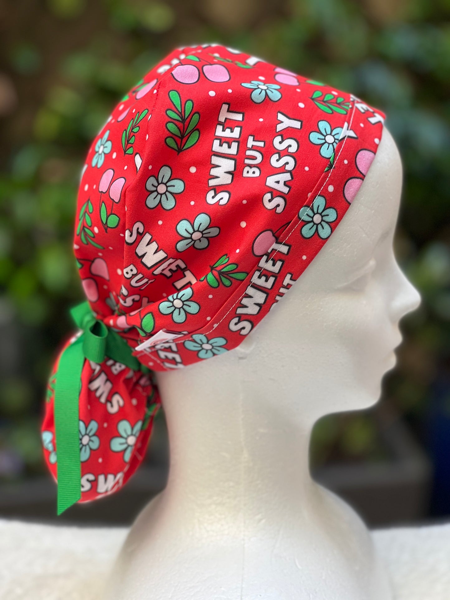 Red Sweet but Sassy Ponytail Scrub Cap