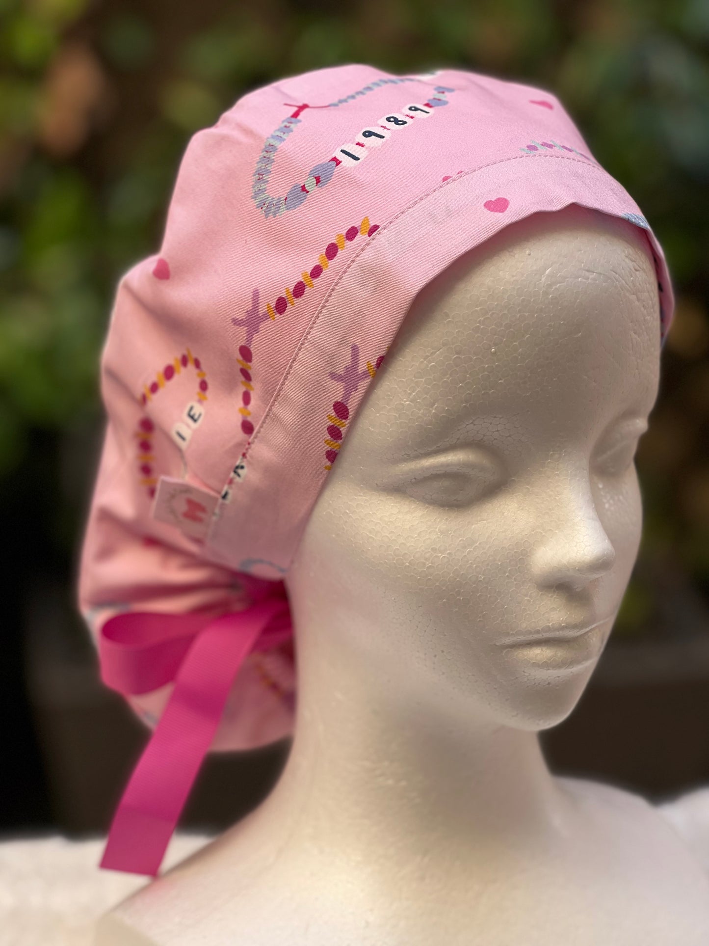 Pink Friendship Bracelet Ponytail Scrub Cap