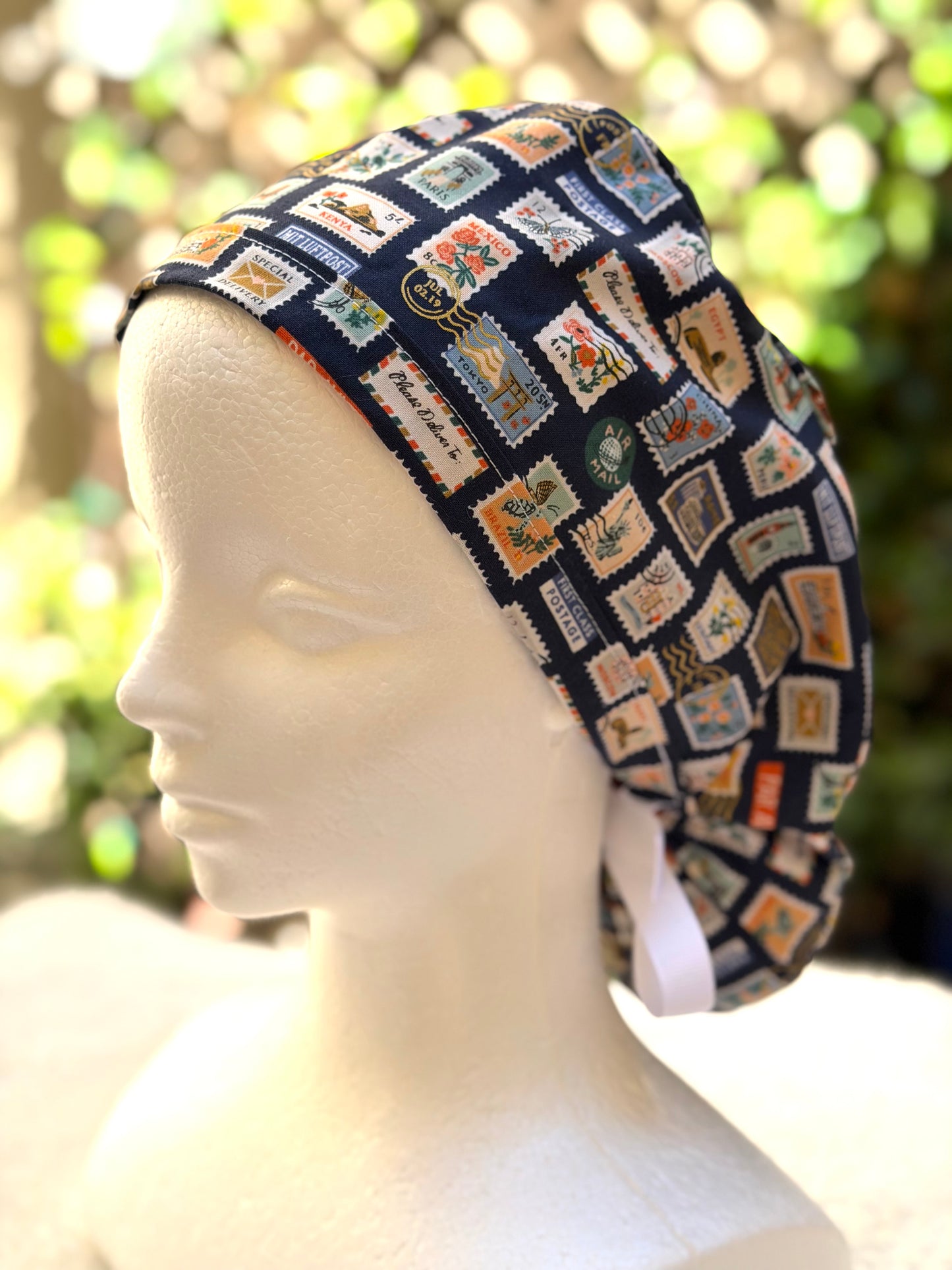 Navy blue postage stamps ponytail scrub cap (Copy)