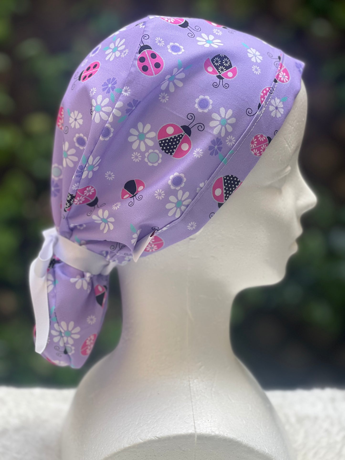 Purple Ladybug Ponytail Scrub Cap