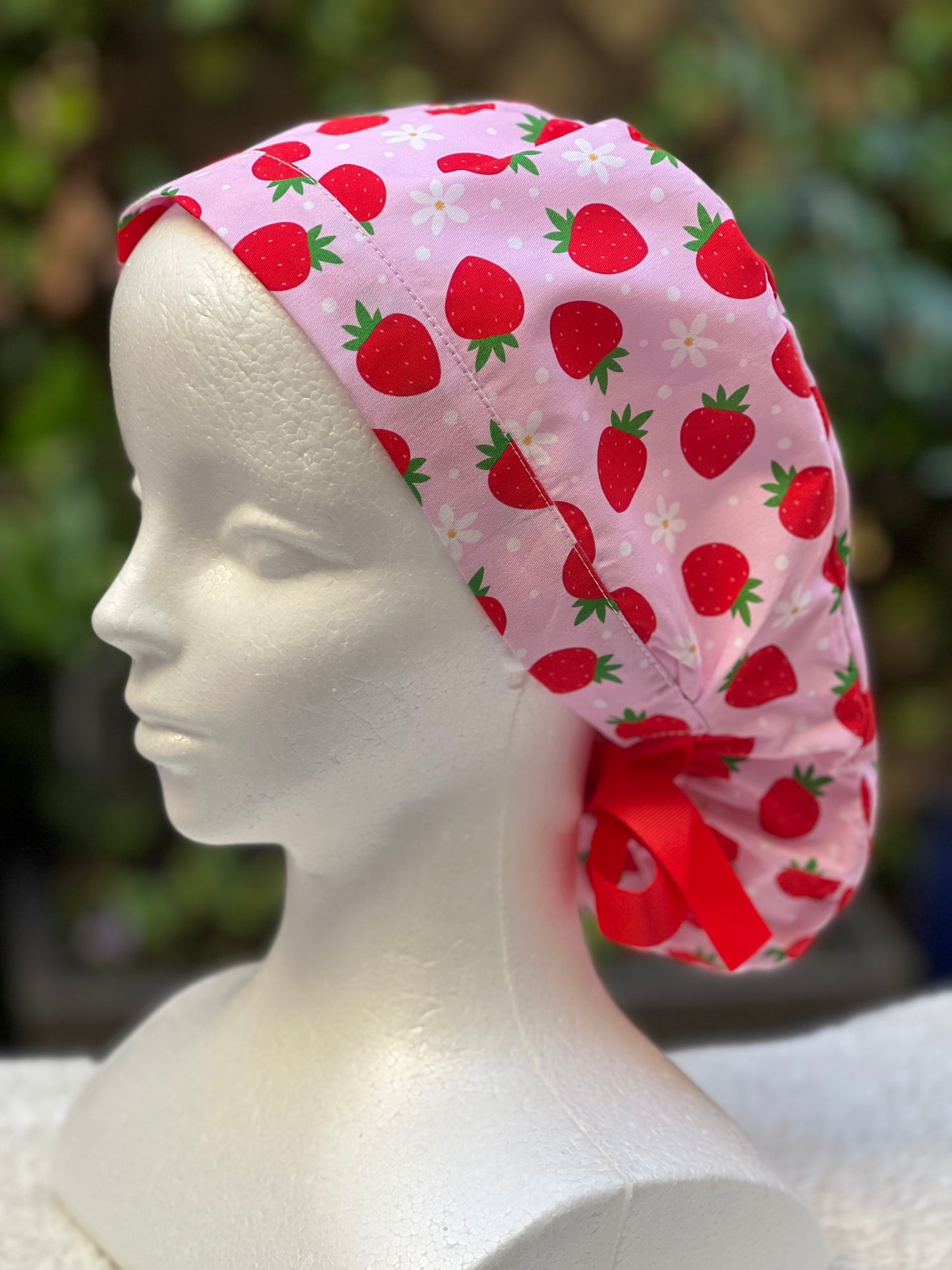 Pink strawberry with daisies ponytail scrub cap