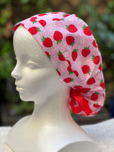 Load image into Gallery viewer, Pink strawberry with daisies ponytail scrub cap

