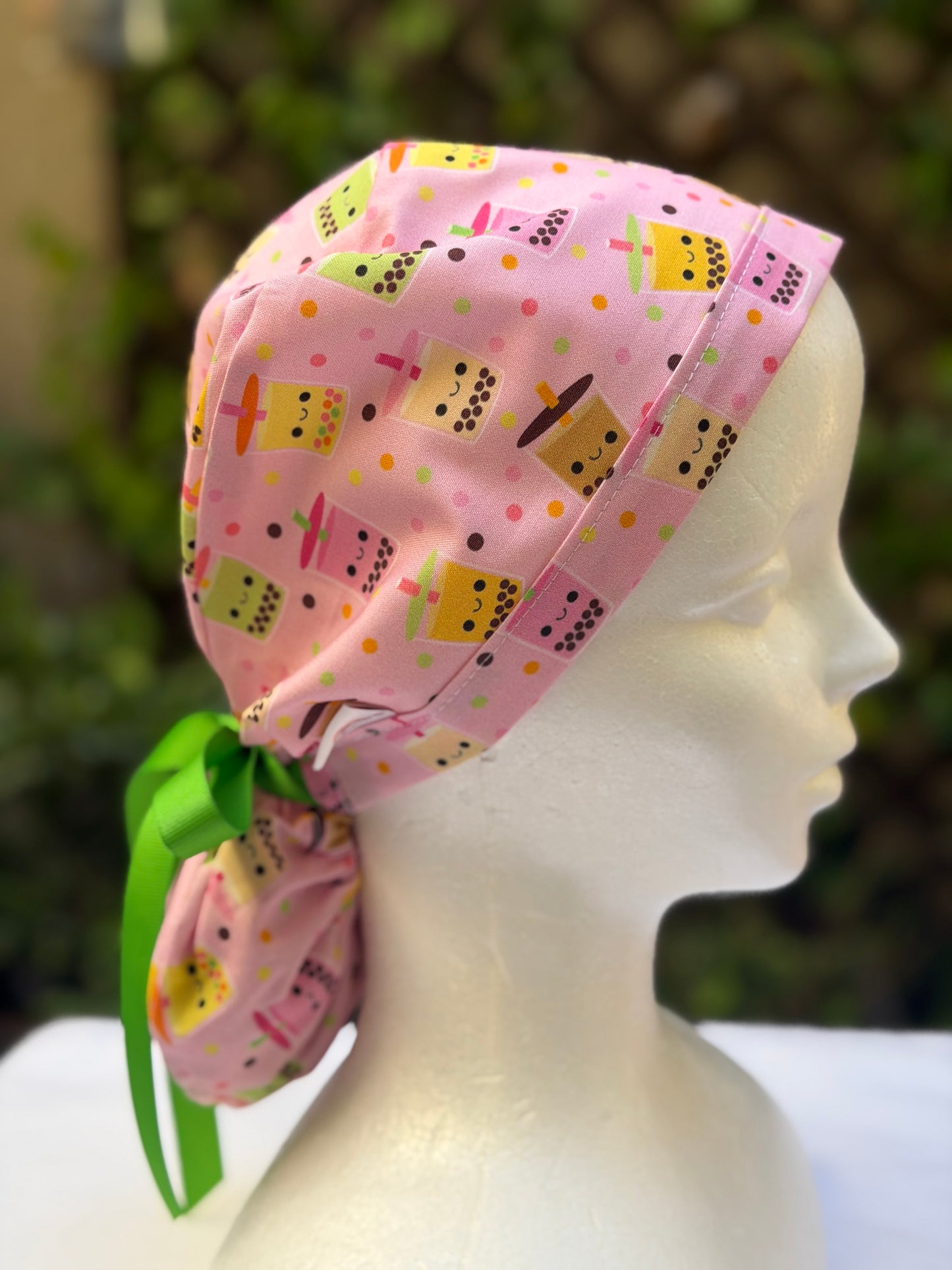 Boba with Caution Ponytail Scrub Cap