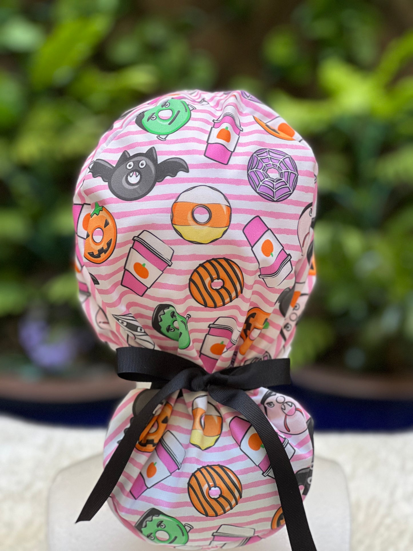 Pink stripe Halloween Ponytail scrub cap