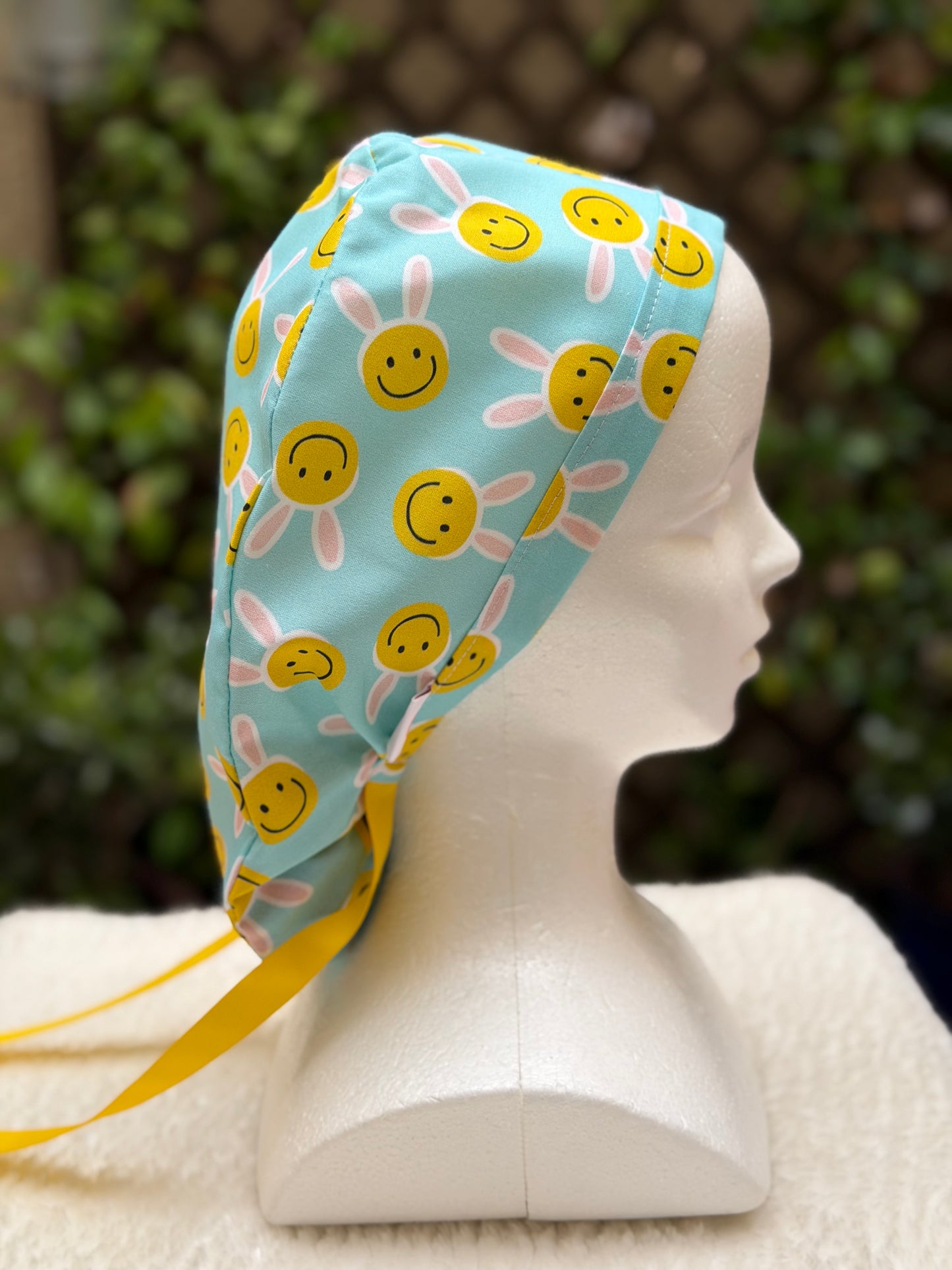 Happy Face Easter Bunny Ponytail Scrub Cap