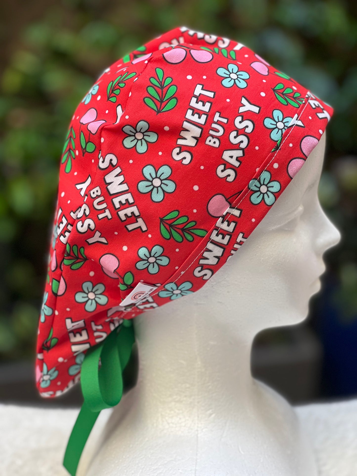 Red Sweet but Sassy Ponytail Scrub Cap