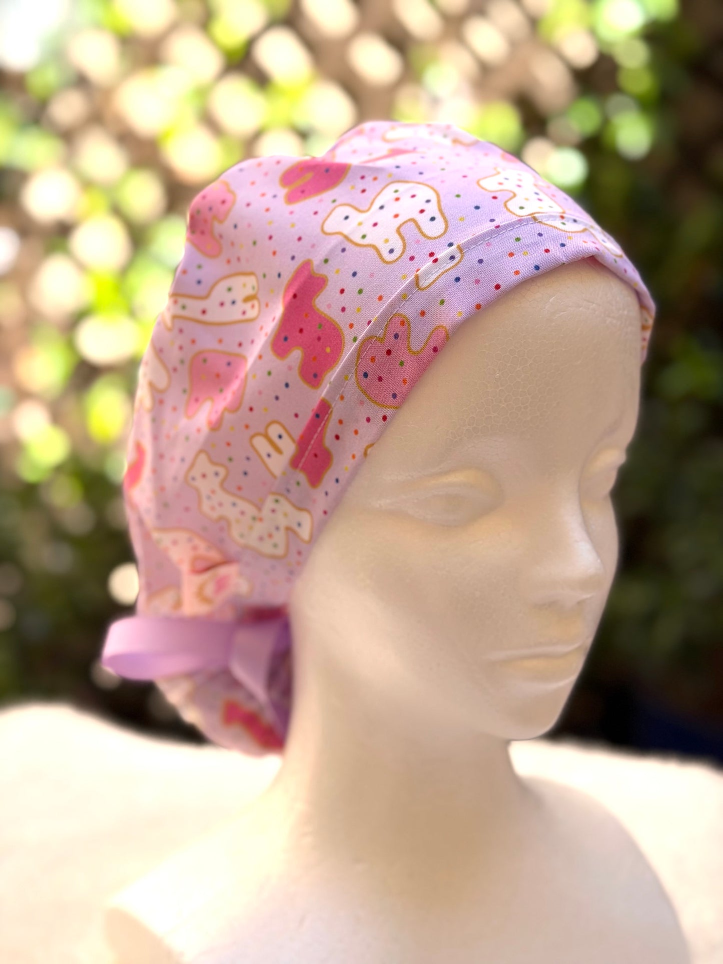 Purple animal crackers Ponytail Scrub Cap