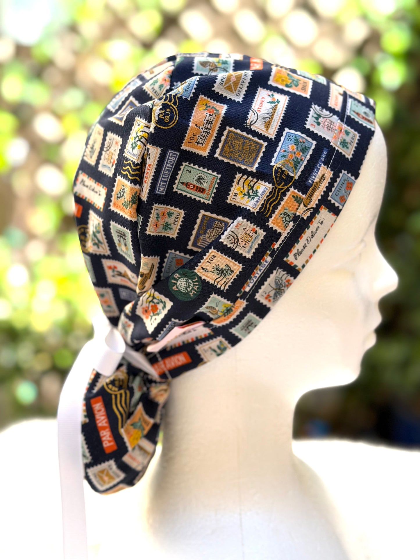 Navy blue postage stamps ponytail scrub cap (Copy)