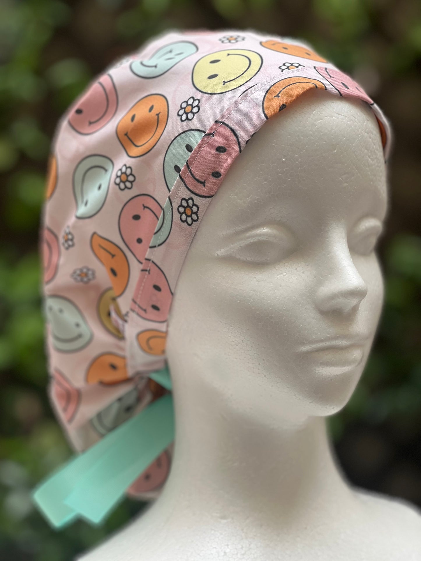Retro smiley Face Ponytail Scrub Cap