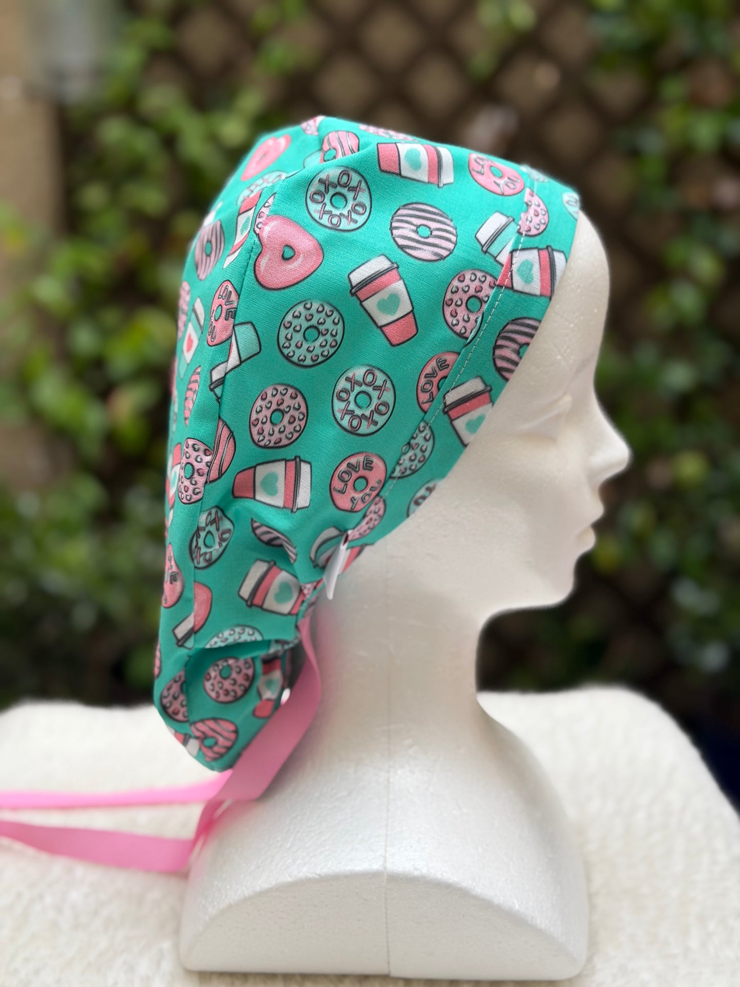 Cofee and Donuts Anesthesia Valentine Ponytail Scrub Cap