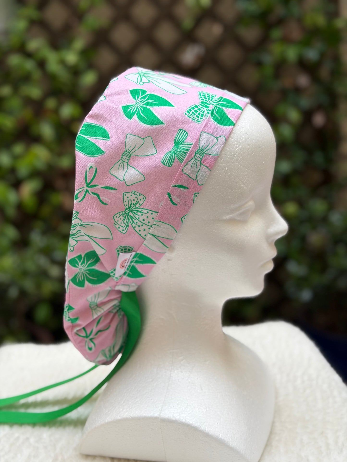 Preppy pink and green bow Ponytail Scrub Cap
