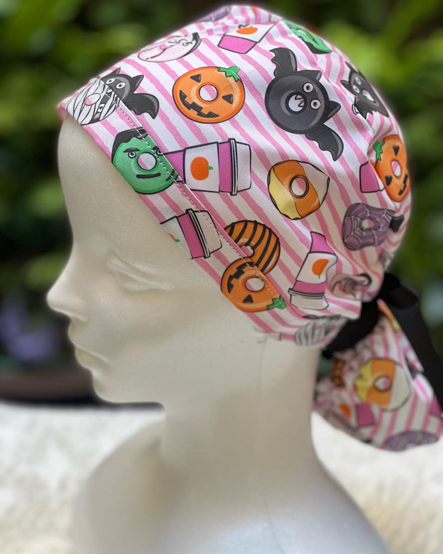 Pink stripe Halloween Ponytail scrub cap