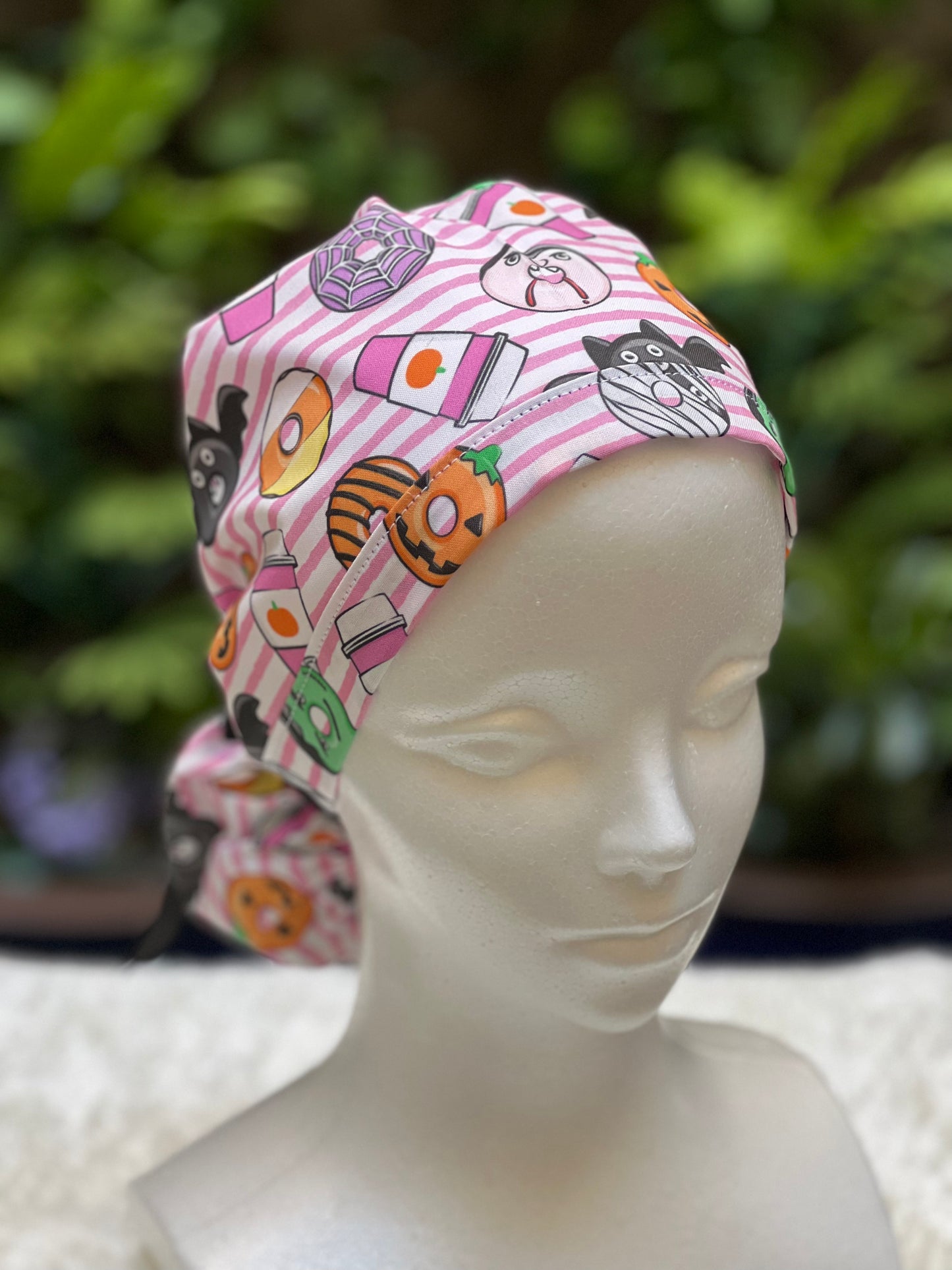Pink stripe Halloween Ponytail scrub cap
