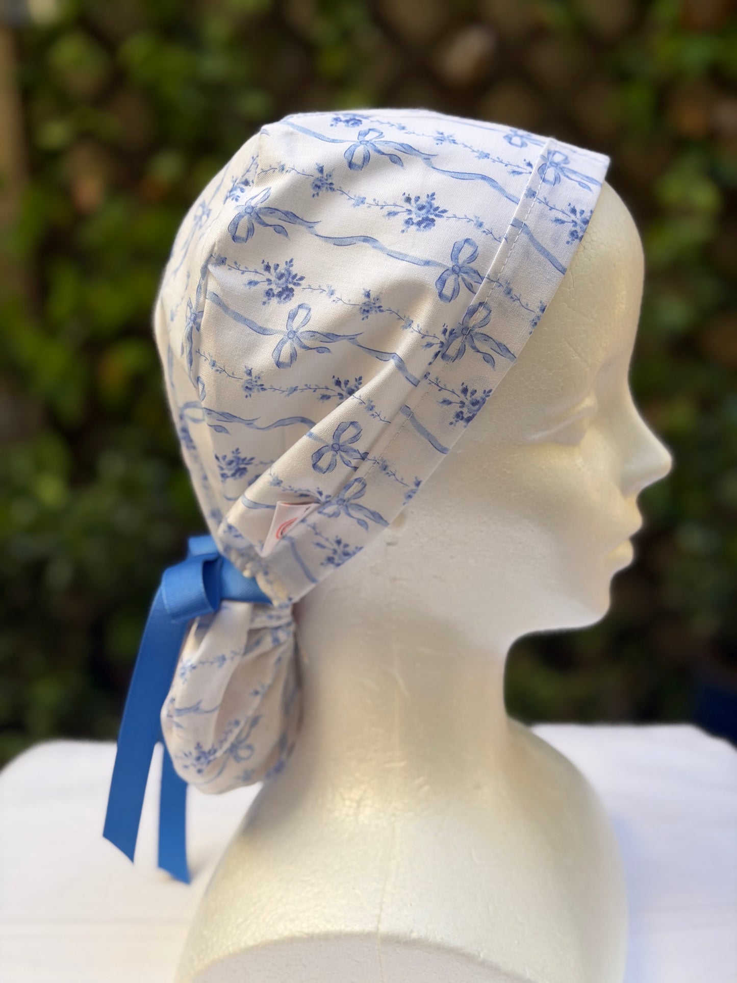 Blue flowers Ponytail Scrub Cap