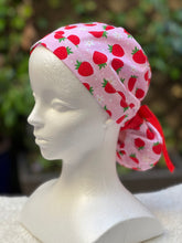 Load image into Gallery viewer, Pink strawberry with daisies ponytail scrub cap

