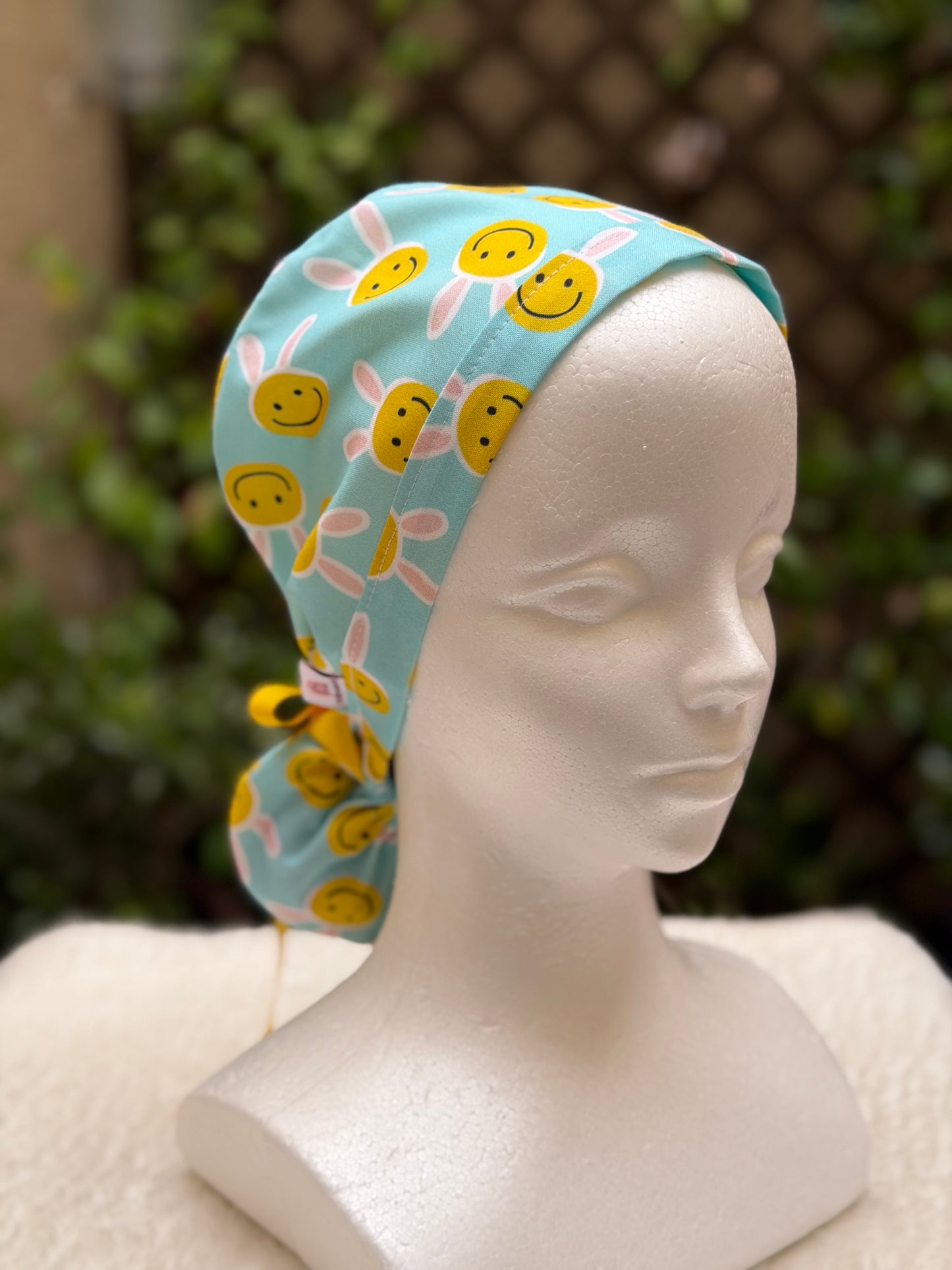 Happy Face Easter Bunny Ponytail Scrub Cap