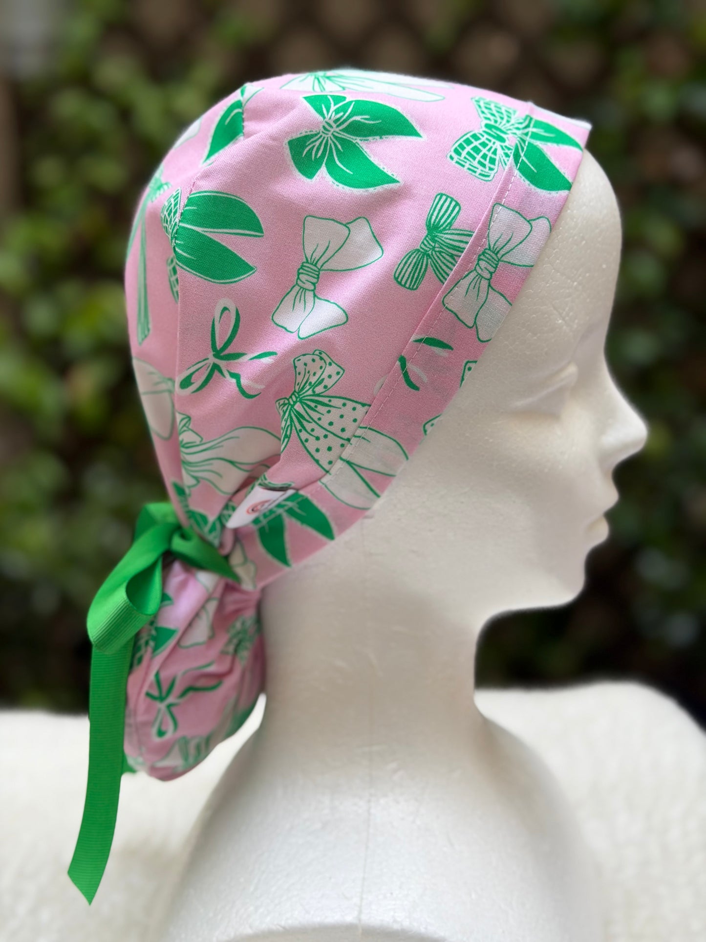 Preppy pink and green bow Ponytail Scrub Cap