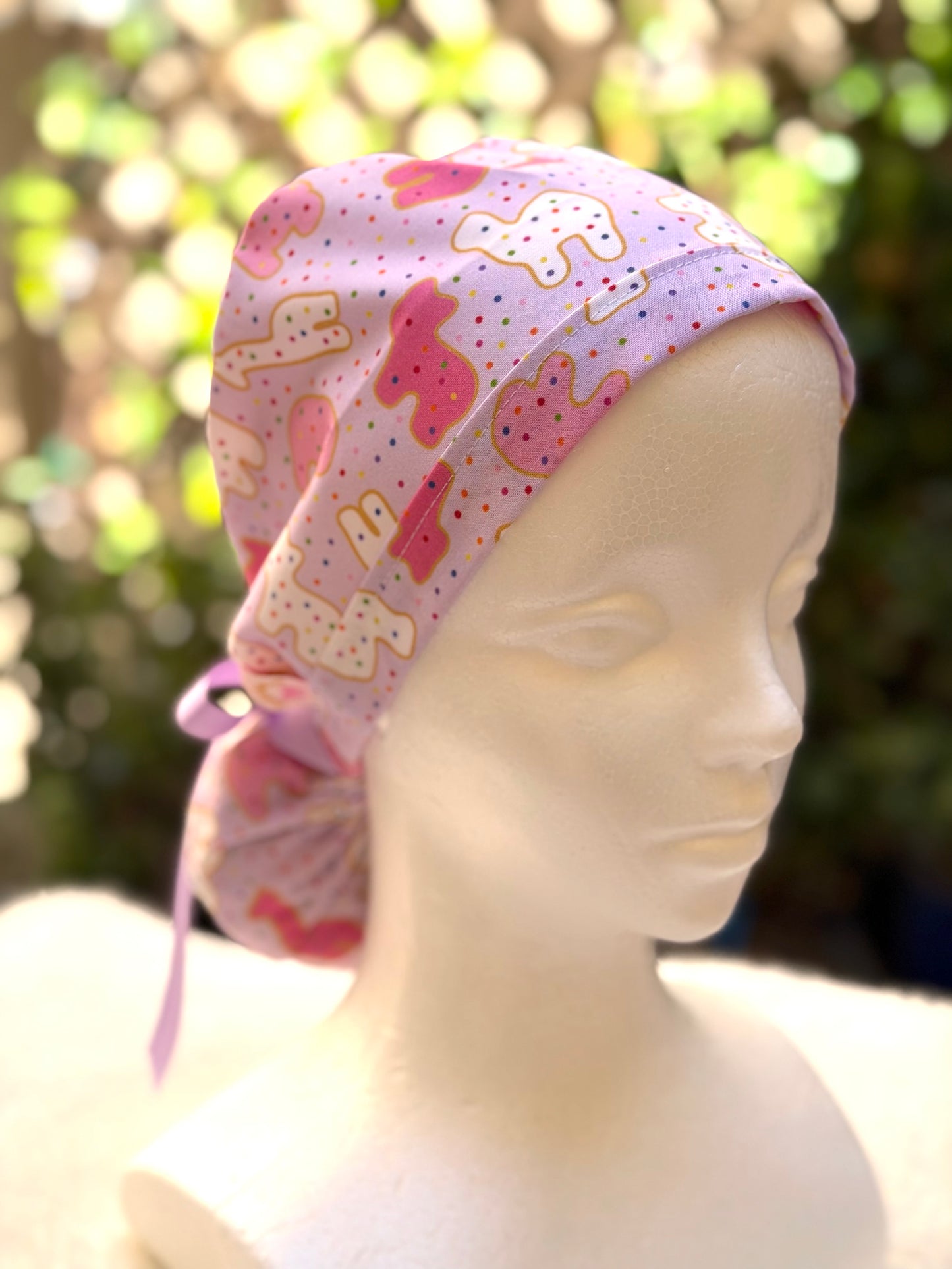 Purple animal crackers Ponytail Scrub Cap