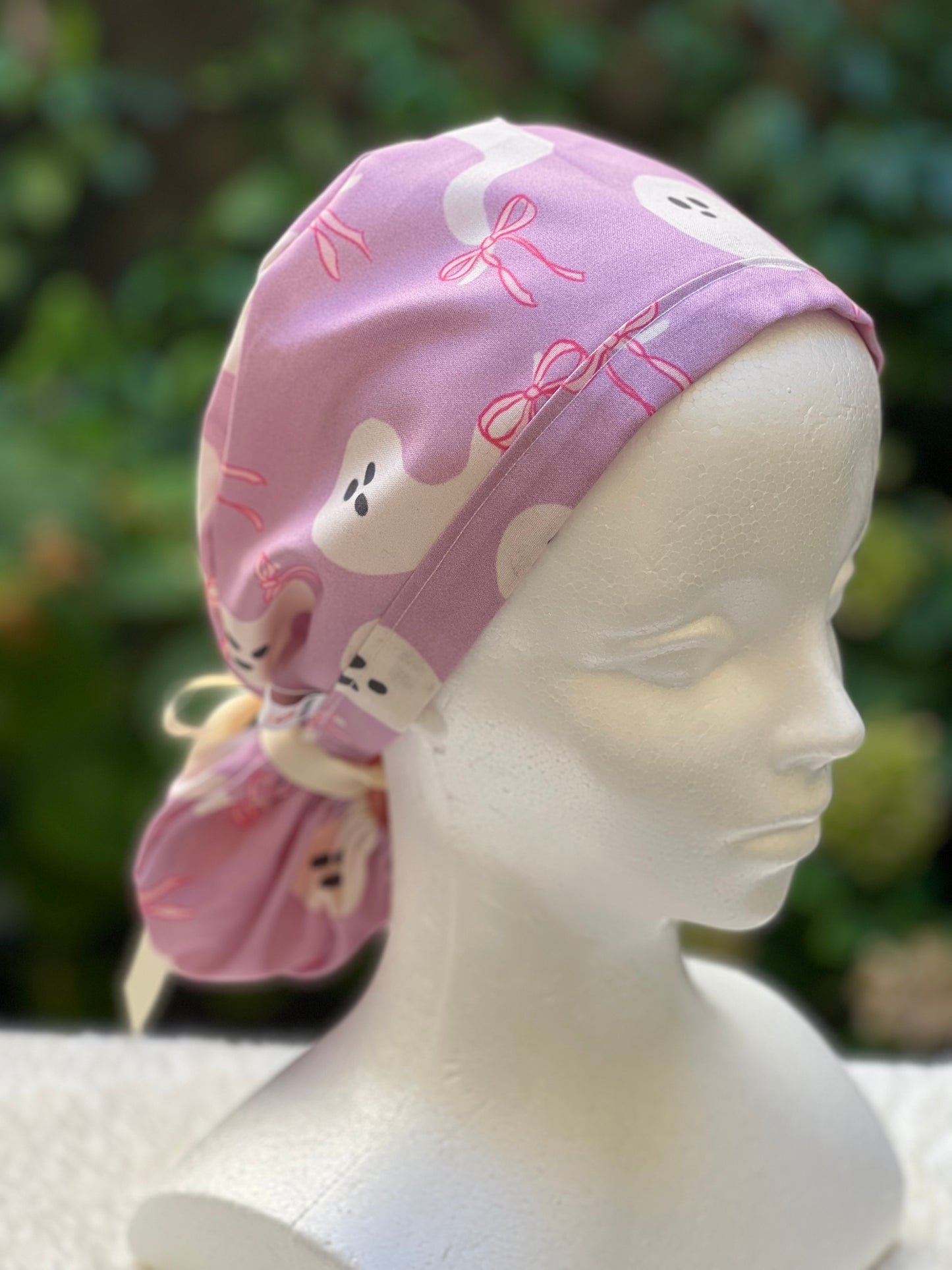 Purple ghost with bow scrub cap