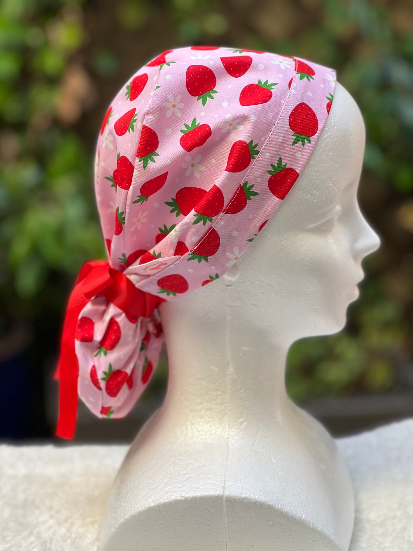 Pink strawberry with daisies ponytail scrub cap