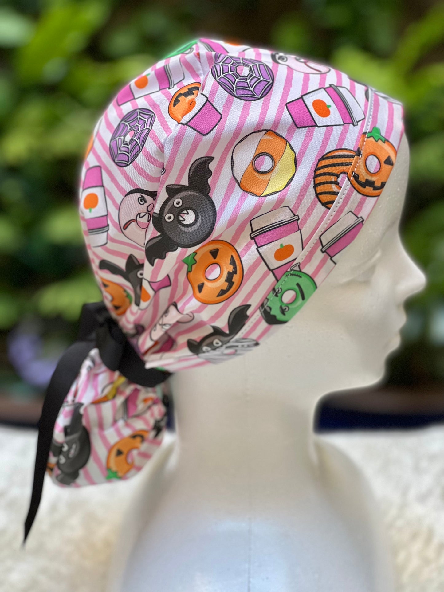 Pink stripe Halloween Ponytail scrub cap