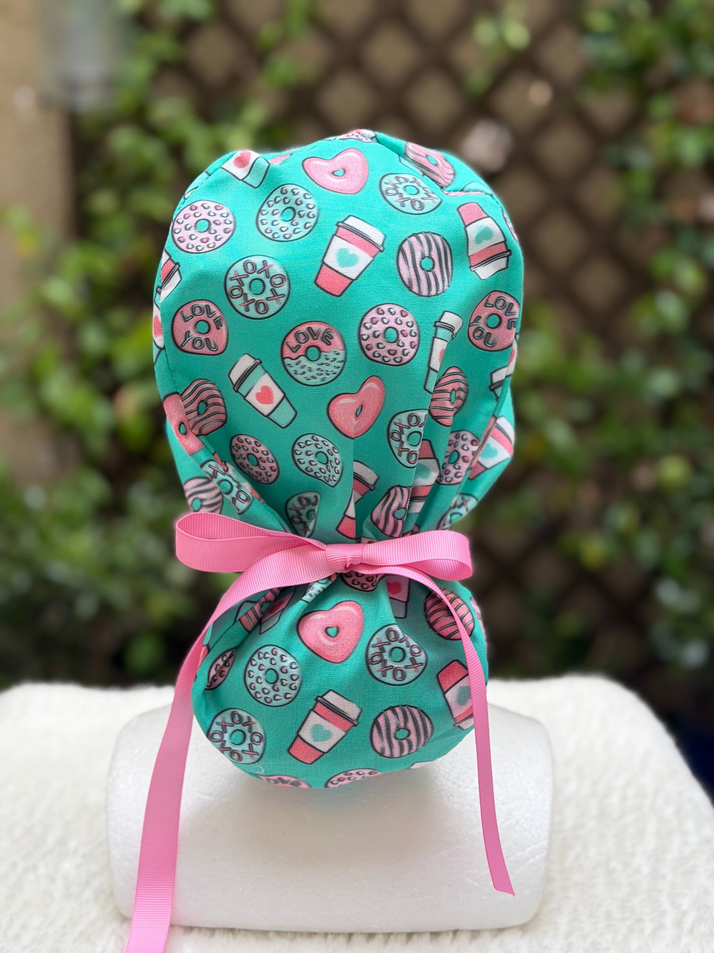 Cofee and Donuts Anesthesia Valentine Ponytail Scrub Cap