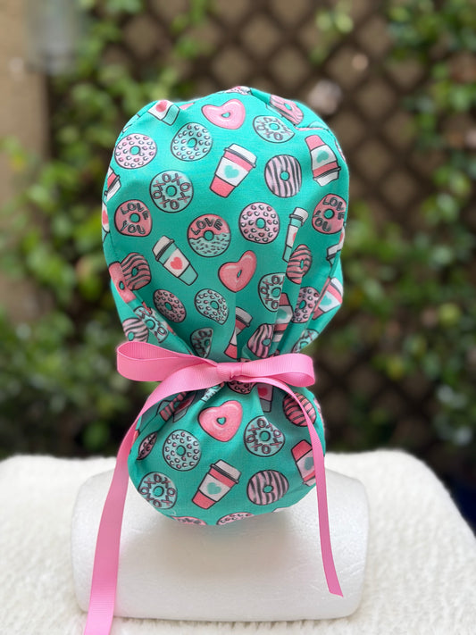 Cofee and Donuts Anesthesia Valentine Ponytail Scrub Cap