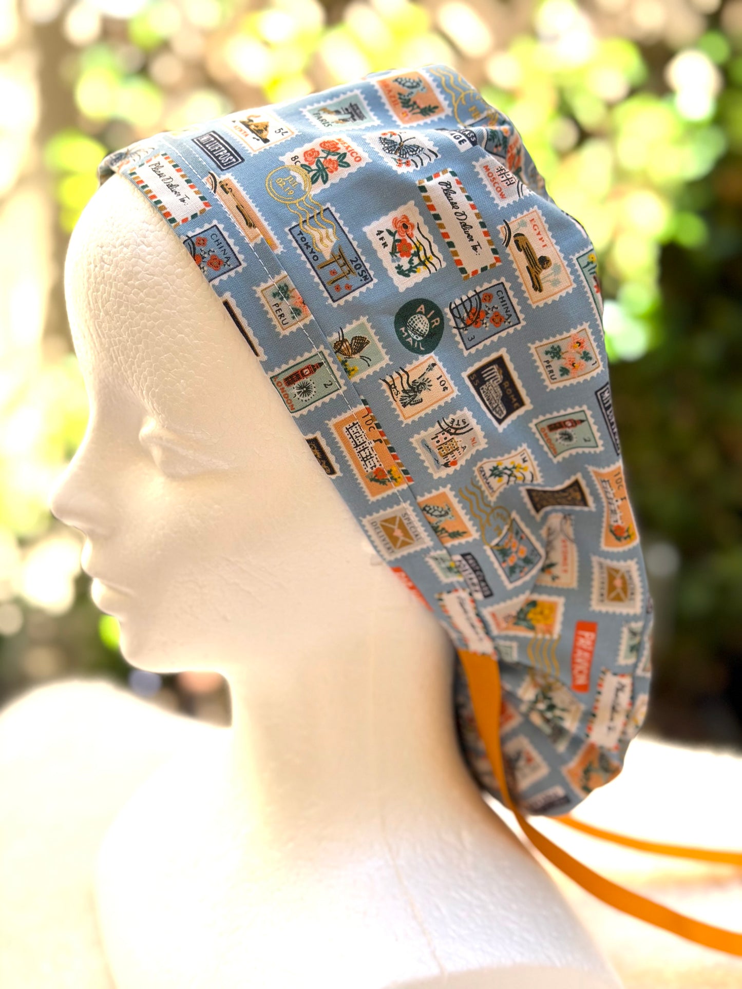blue postage stamps ponytail scrub cap (Copy 2)
