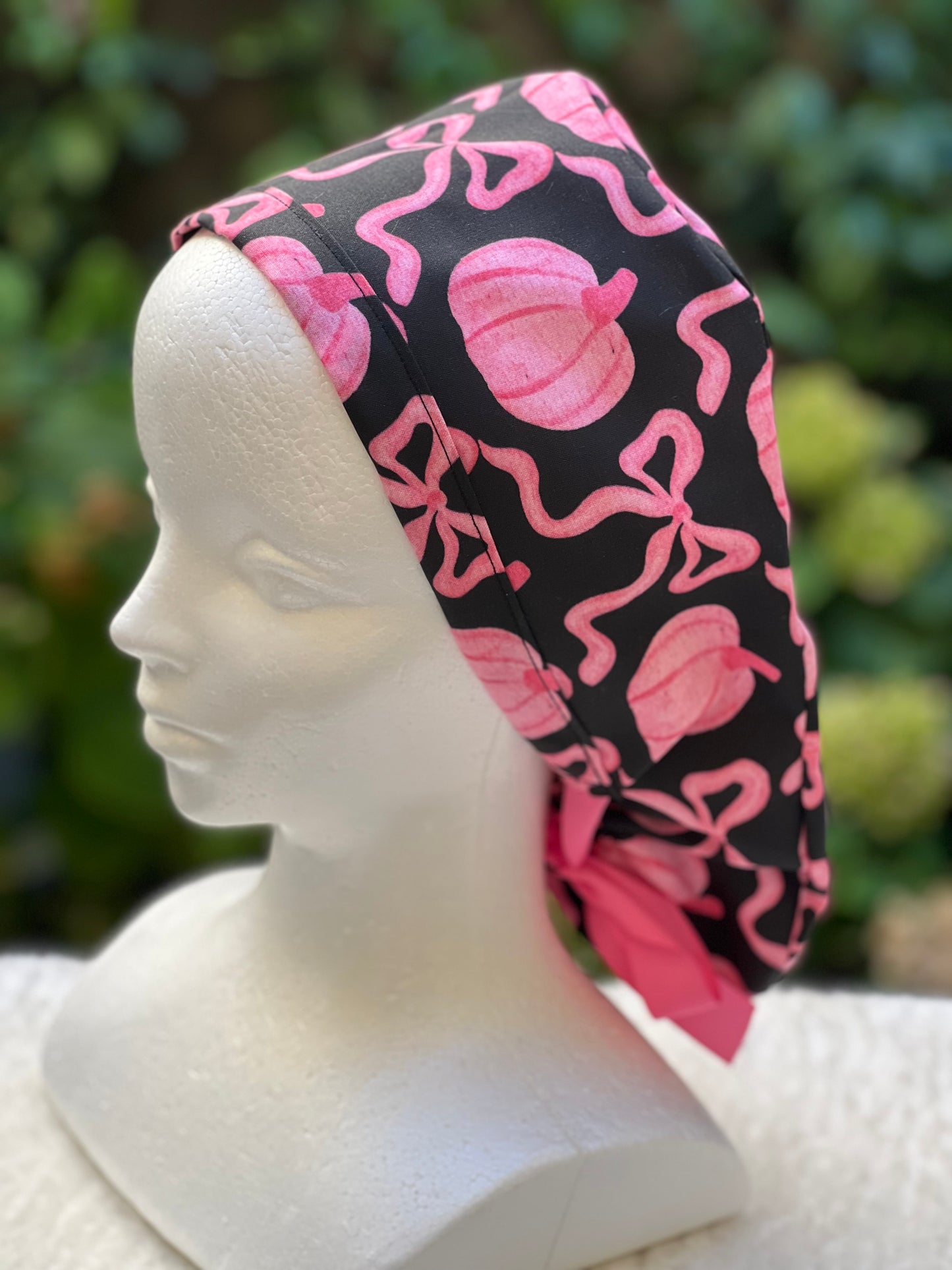 Black and Pink pumpkin with bow scrub cap