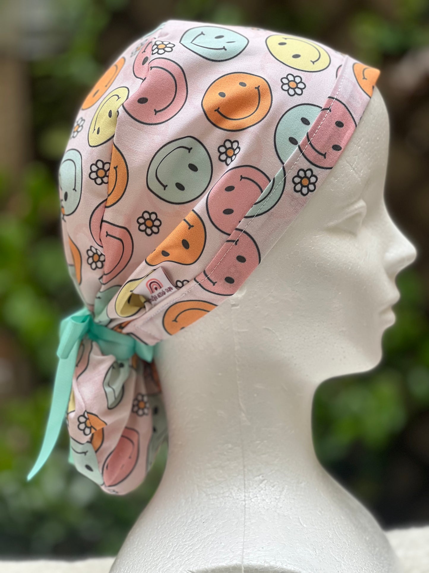 Retro smiley Face Ponytail Scrub Cap