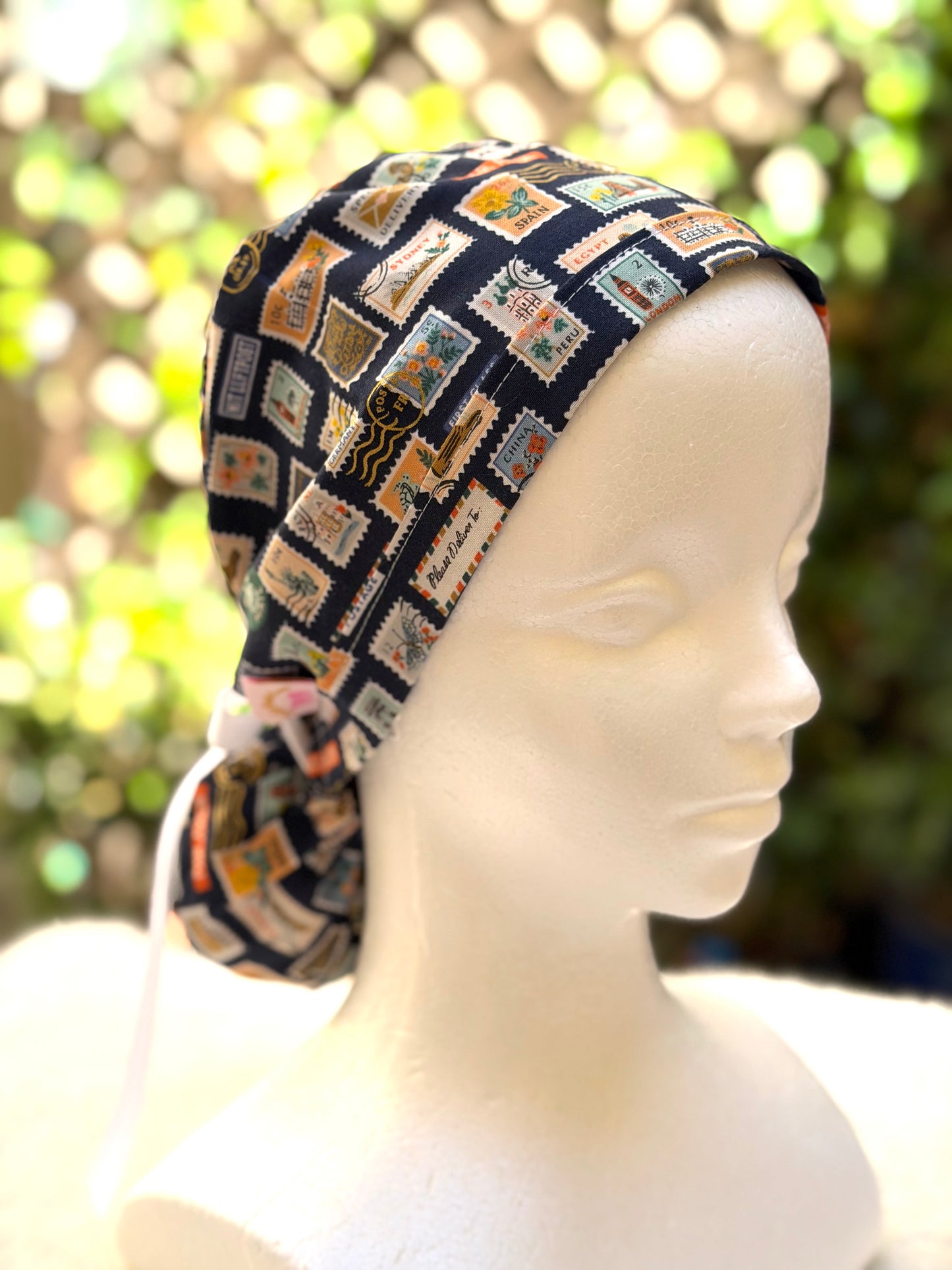 Navy blue postage stamps ponytail scrub cap (Copy)